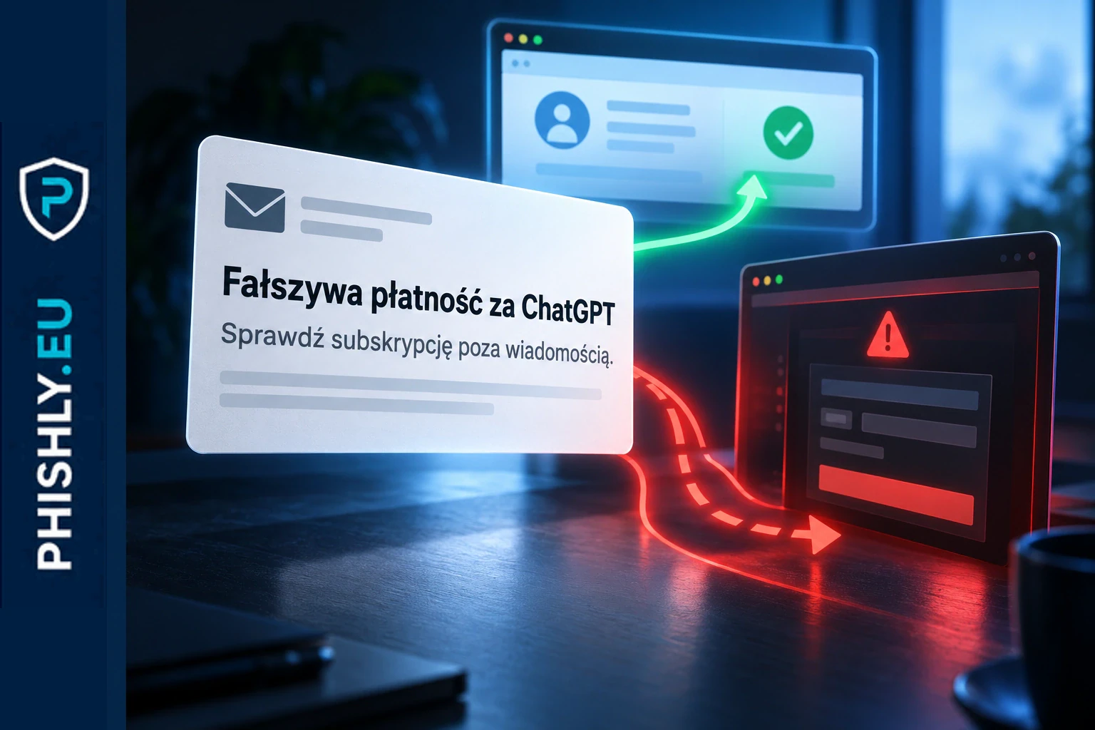 Fałszywy e-mail o płatności za ChatGPT kierujący użytkownika do podrobionej strony rozliczeniowej