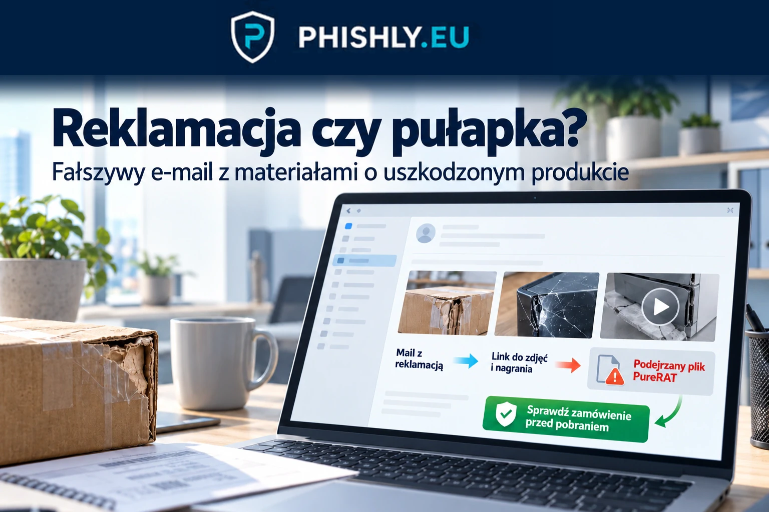 E-mail z reklamacją uszkodzonego produktu na ekranie komputera, obok podejrzanego pliku zamiast nagrania