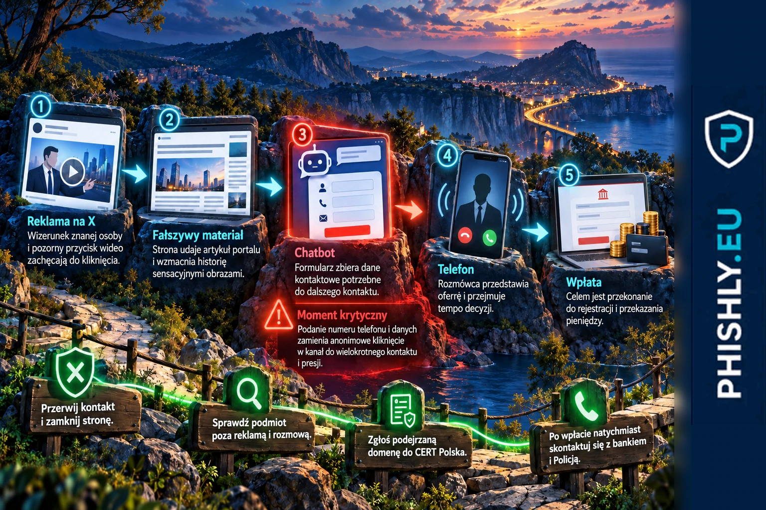 Schemat kampanii: reklama inwestycji na X, fałszywy materiał podszywający się pod portal, chatbot zbierający dane, telefon od oszusta i próba wpłaty