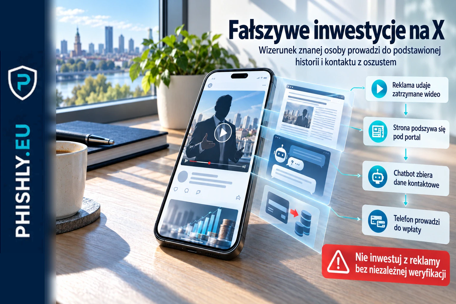 Reklama inwestycji na ekranie telefonu prowadzi do fałszywego artykułu i chatbota zbierającego dane kontaktowe