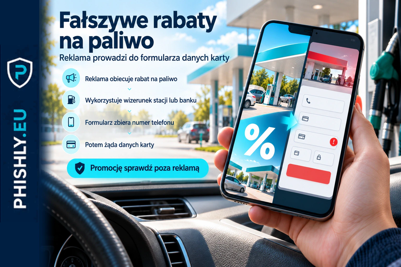 Reklama z rabatem na paliwo na ekranie telefonu prowadzi do fałszywego formularza zbierającego numer telefonu i dane karty