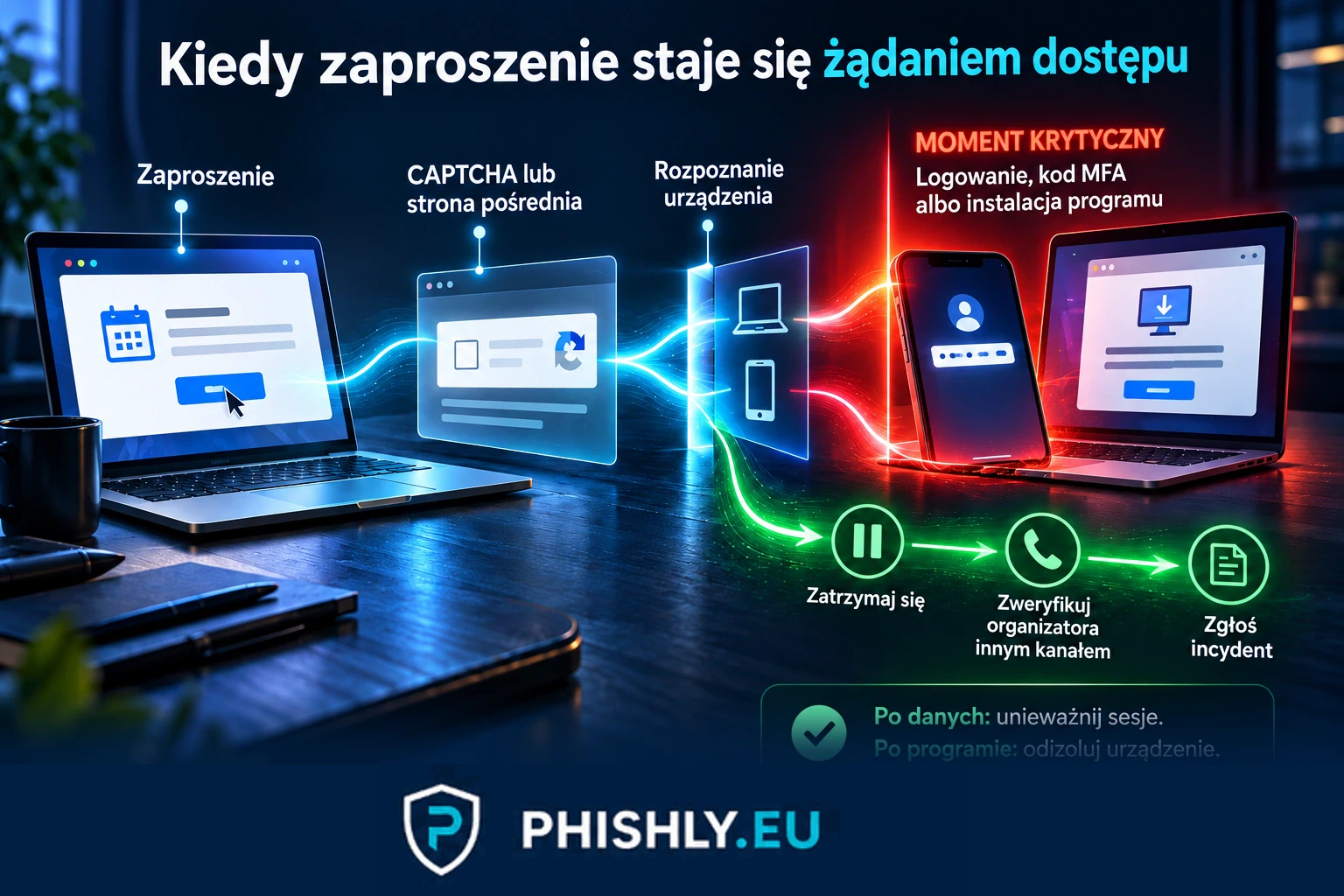 Schemat pokazujący fałszywe zaproszenie, rozpoznanie urządzenia, żądanie dostępu oraz działania po incydencie