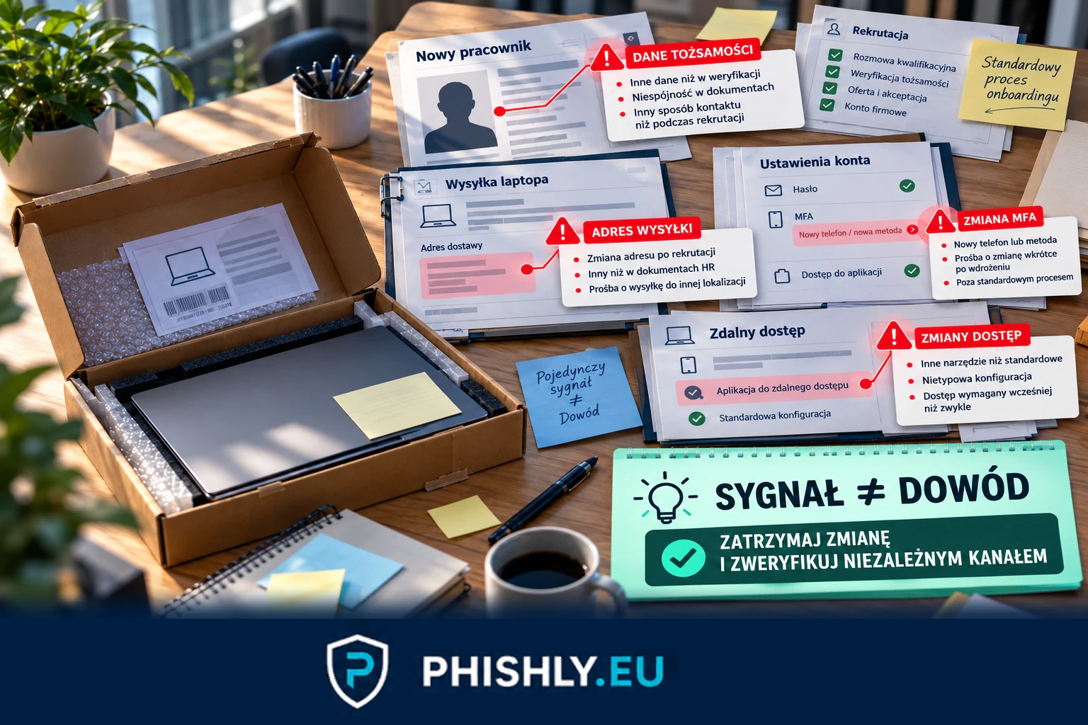 Schemat fałszywego pracownika IT: fałszywa tożsamość, rekrutacja, wysyłka laptopa do pośrednika, zdalne połączenie i legalnie nadany dostęp