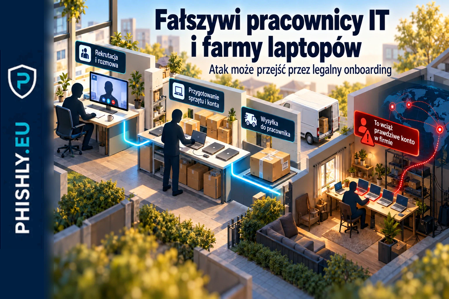 Proces fałszywej rekrutacji pracownika IT prowadzący do wysłania firmowego laptopa do pośrednika i uzyskania zdalnego dostępu