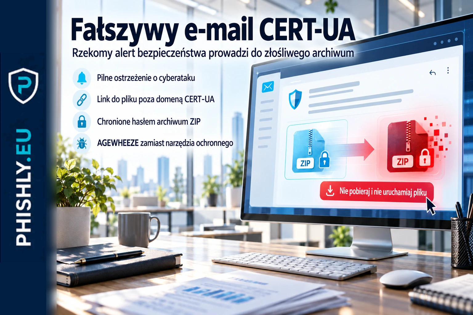 Fałszywy komunikat podszywający się pod CERT-UA kieruje do archiwum ZIP z rzekomym narzędziem ochronnym zamiast do cert.gov.ua