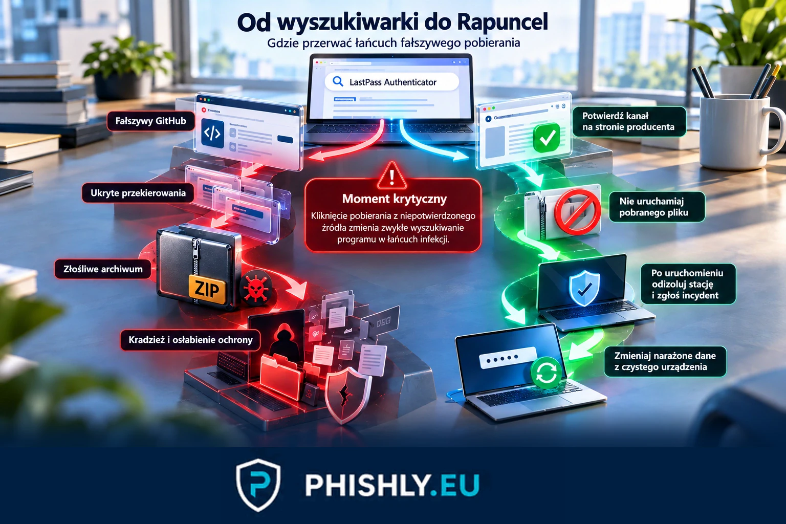 Schemat pokazujący wyszukanie LastPass Authenticator, fałszywy GitHub, przekierowania, złośliwy instalator oraz bezpieczną reakcję