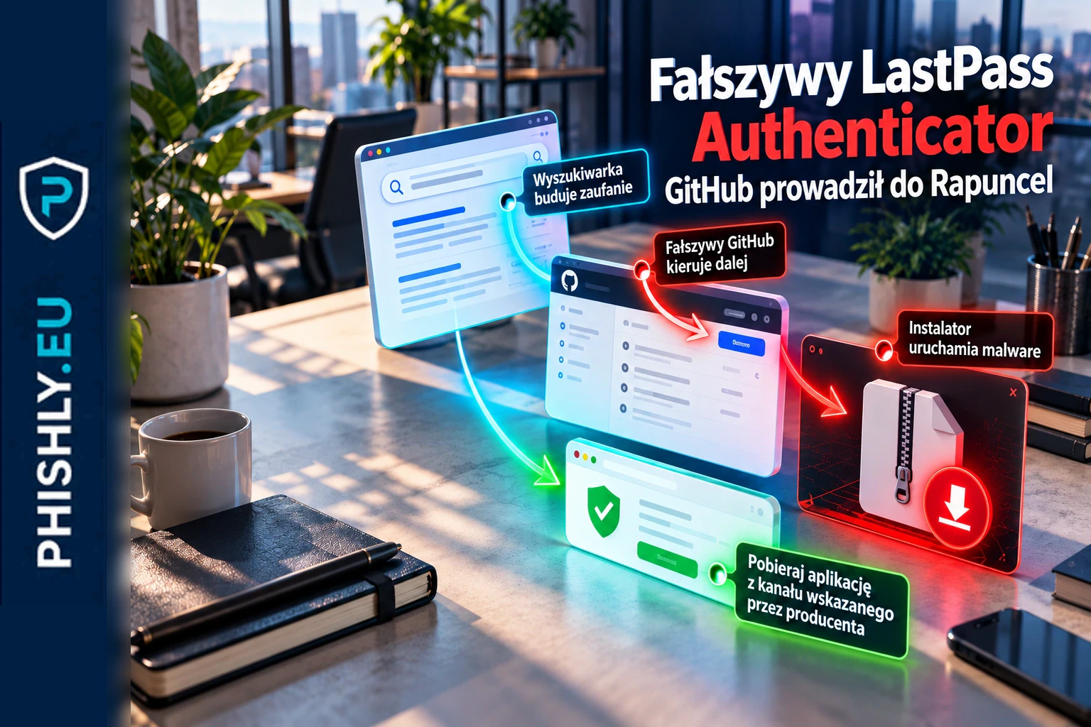 Fałszywa strona LastPass Authenticator na GitHubie prowadząca przez przekierowania do złośliwego instalatora i kradzieży danych