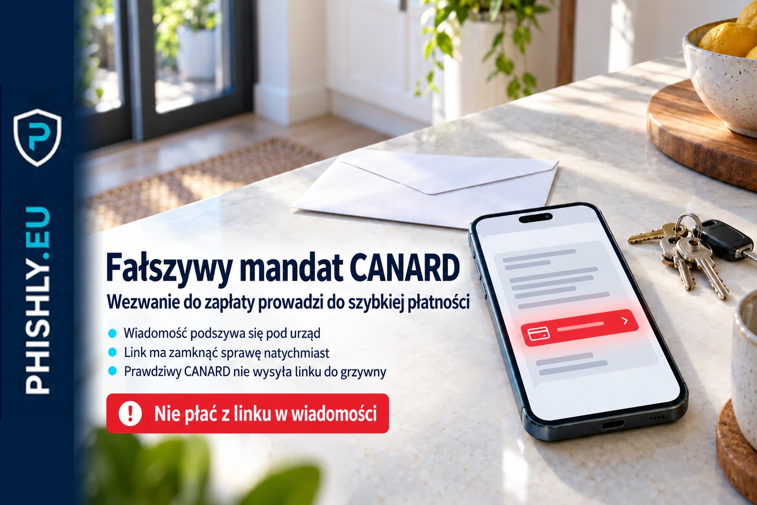 Telefon z fałszywym wezwaniem CANARD do zapłaty mandatu i linkiem, którego nie należy otwierać