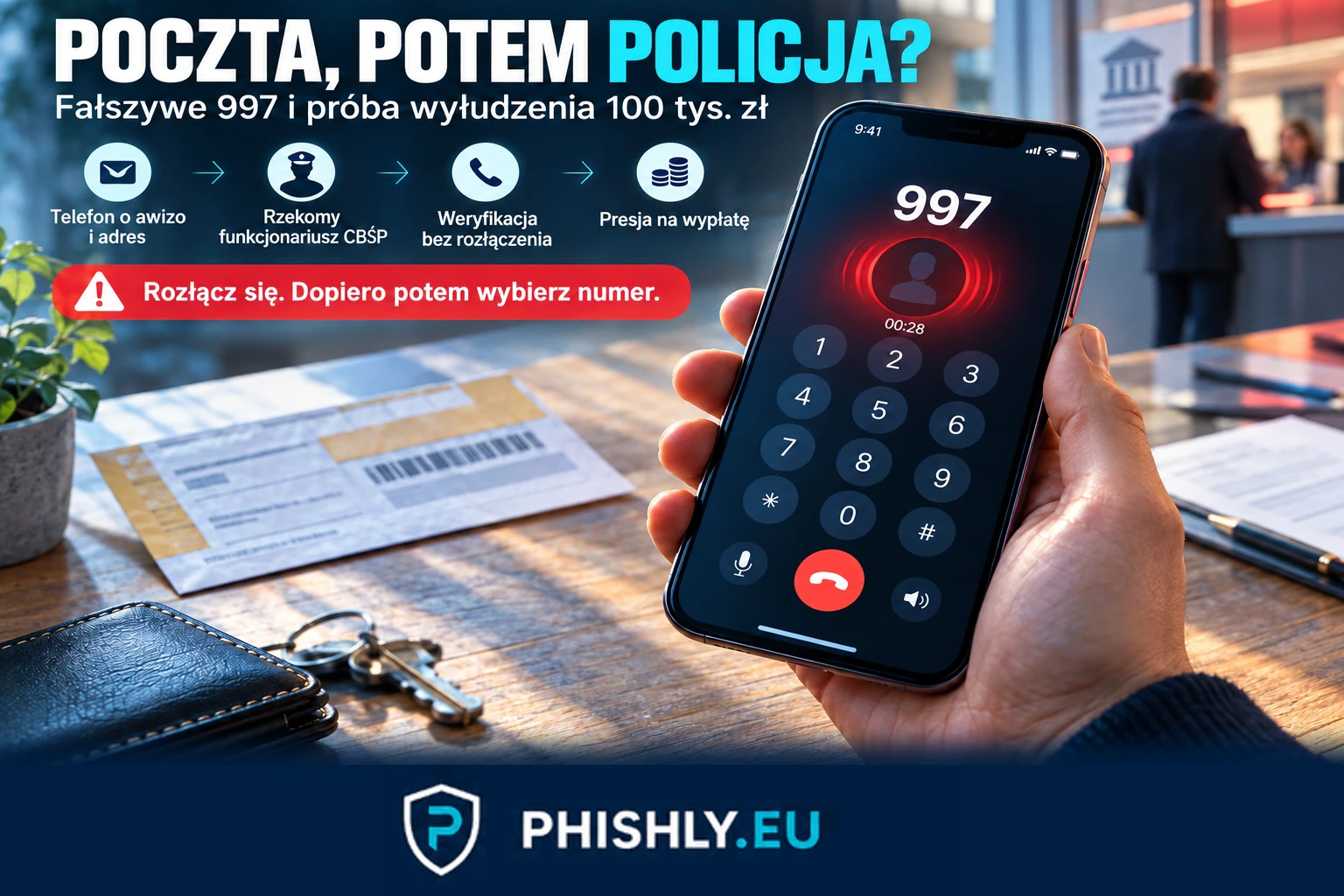 Dwa następujące po sobie telefony: awizo z poczty i rzekomy policjant, który kieruje rozmowę ku wypłacie oszczędności