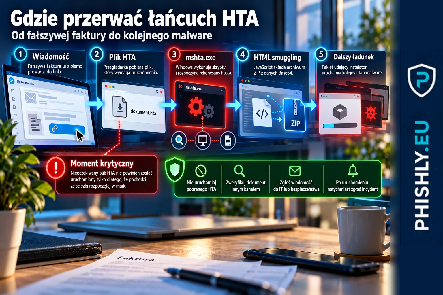Schemat kampanii od fałszywej faktury przez plik HTA i mshta.exe do rekonesansu, HTML smuggling oraz dalszego malware