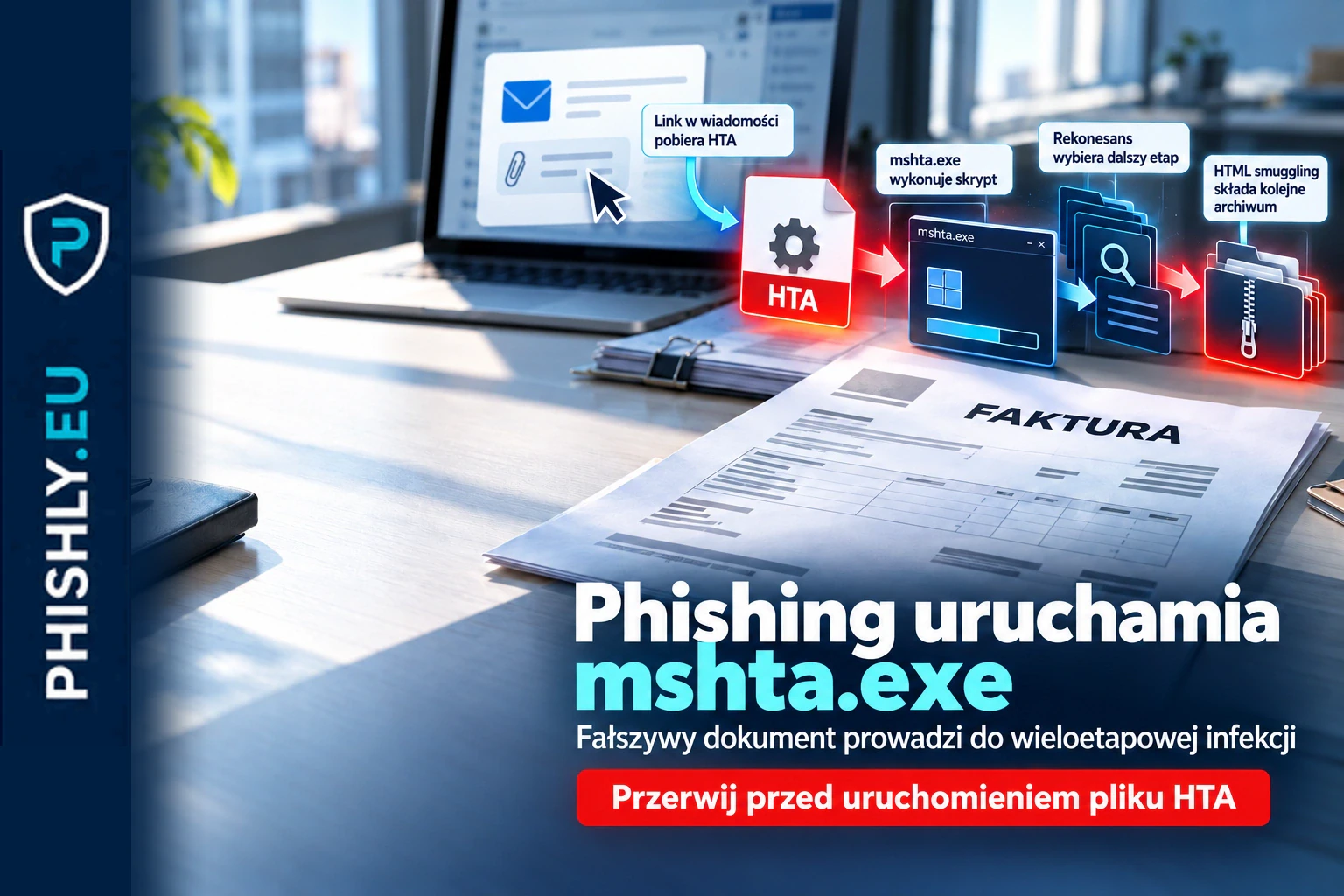 Fałszywa faktura prowadzi do pliku HTA uruchamianego przez mshta.exe i wieloetapowego łańcucha infekcji