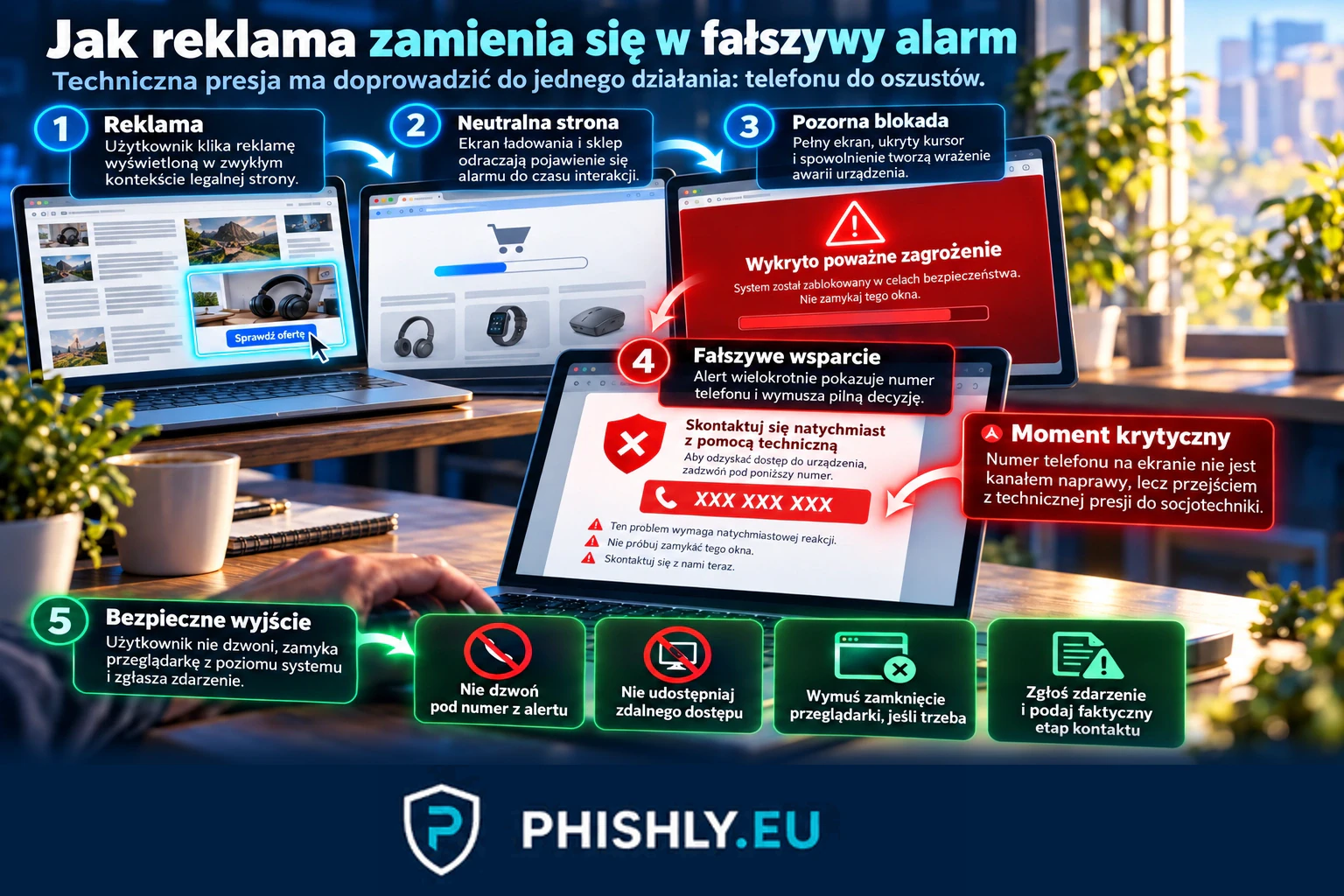 Schemat przejścia od reklamy przez fałszywy pełnoekranowy alert i telefon do oszustów do bezpiecznego zamknięcia przeglądarki i zgłoszenia zdarzenia
