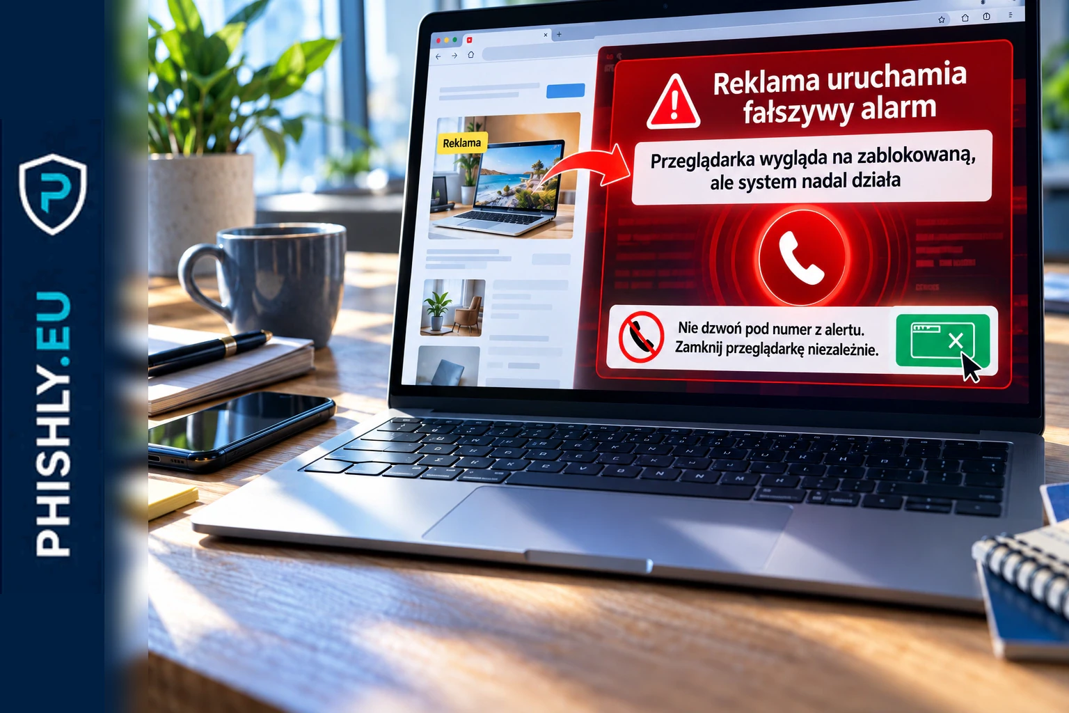Reklama internetowa prowadząca do pełnoekranowego fałszywego alertu bezpieczeństwa z numerem rzekomego wsparcia i bezpiecznym wyjściem z przeglądarki