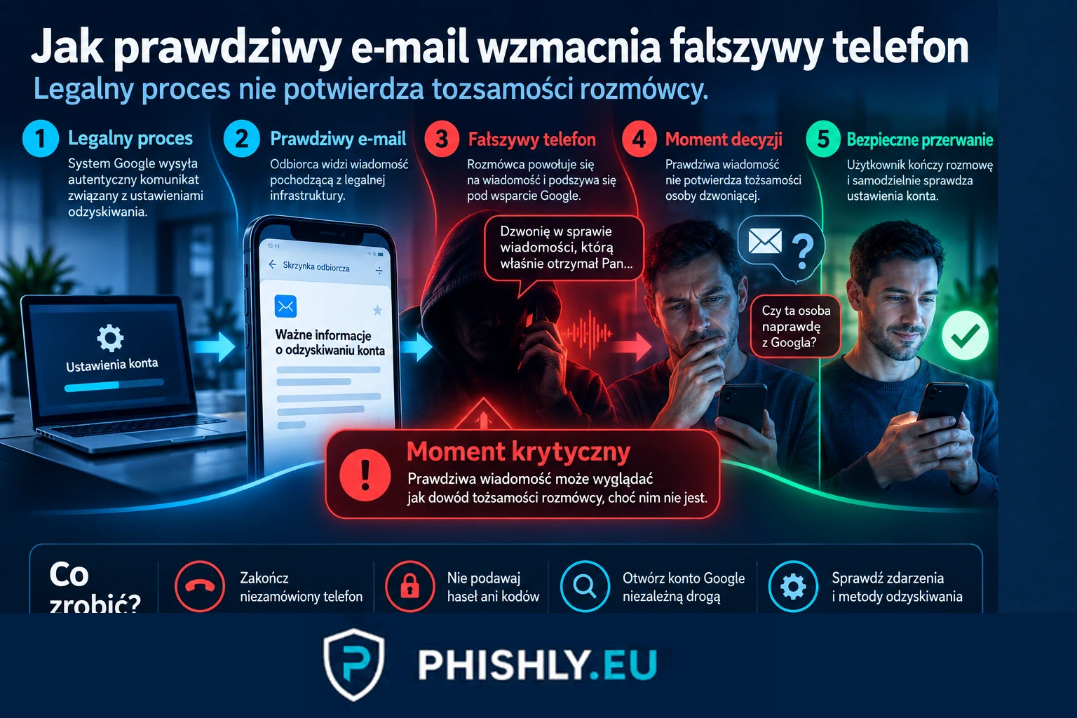 Schemat pokazujący prawdziwy e-mail Google, telefon od fałszywego wsparcia i bezpieczne przerwanie rozmowy