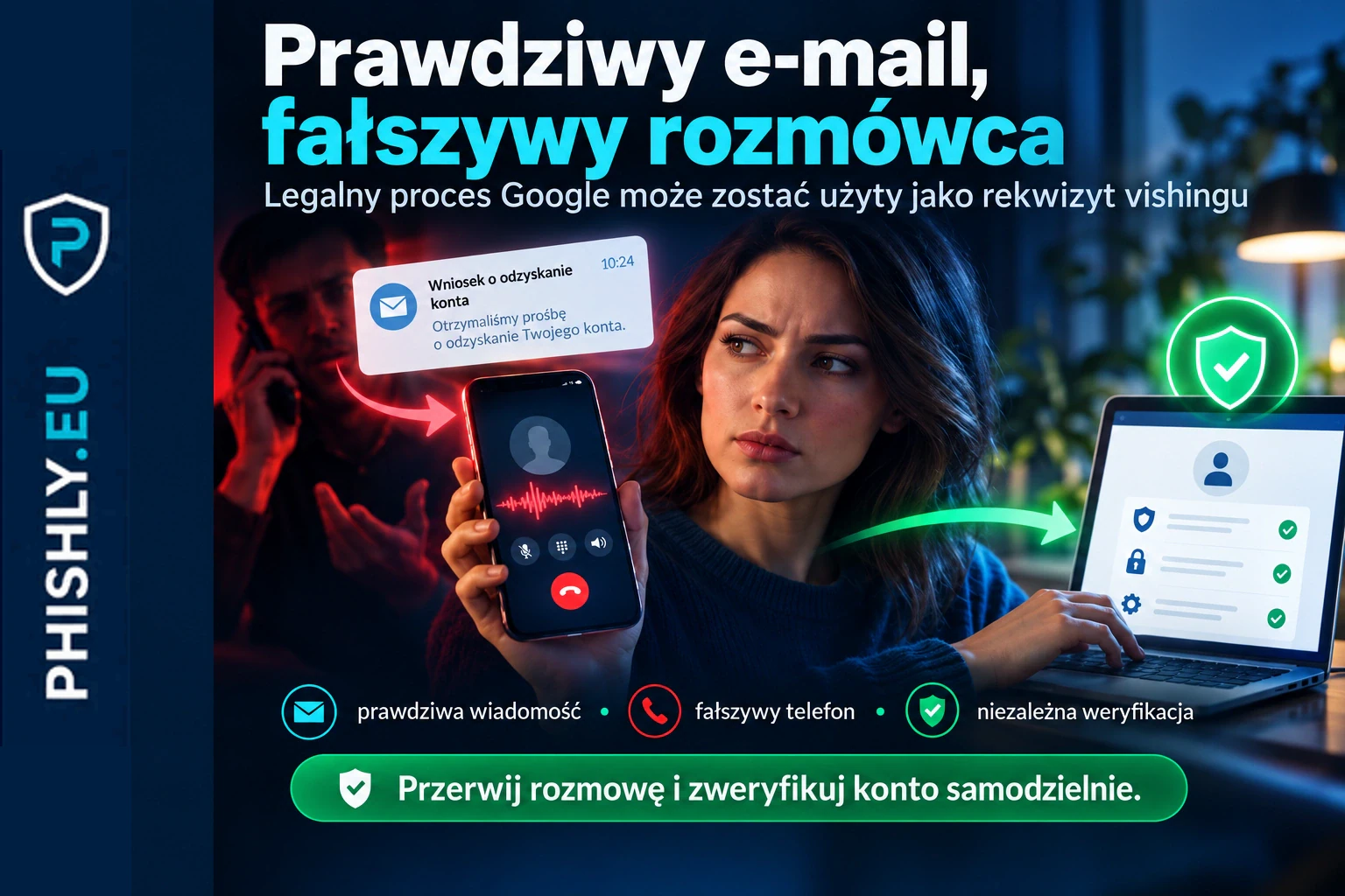 Prawdziwe powiadomienie Google o adresie odzyskiwania zestawione z telefonem od fałszywego wsparcia i niezależną weryfikacją konta