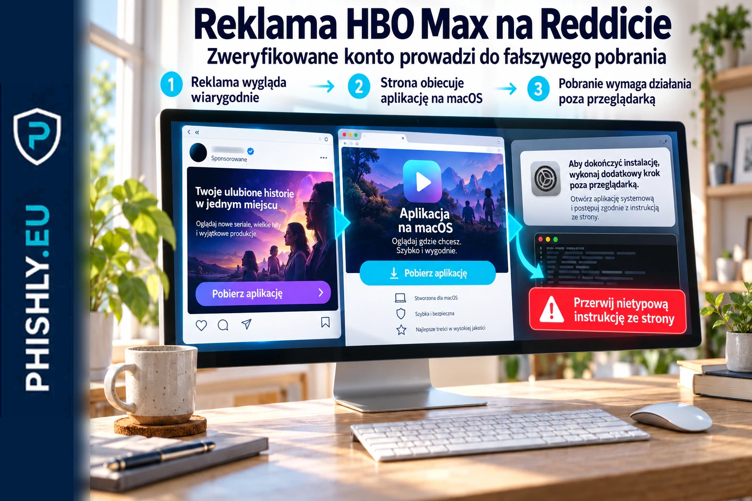 Sponsorowana reklama HBO Max na Reddicie prowadzi do fałszywej strony pobierania, która prosi o otwarcie Terminala i uruchomienie polecenia