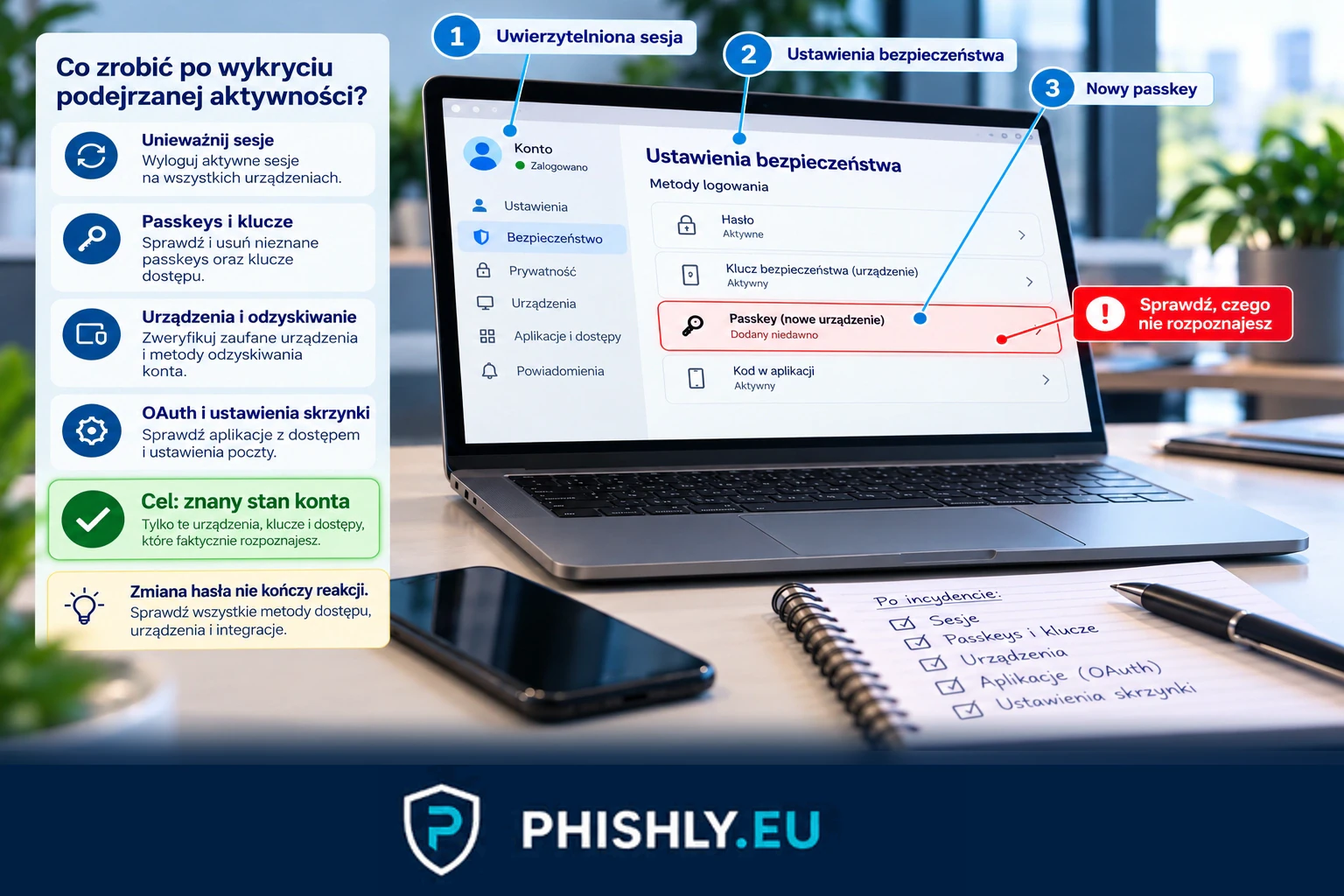 Schemat iAuthFlow v2 po phishingu: uwierzytelniona sesja, wejście do ustawień bezpieczeństwa, dodanie nowego passkey i konieczność sprawdzenia metod logowania