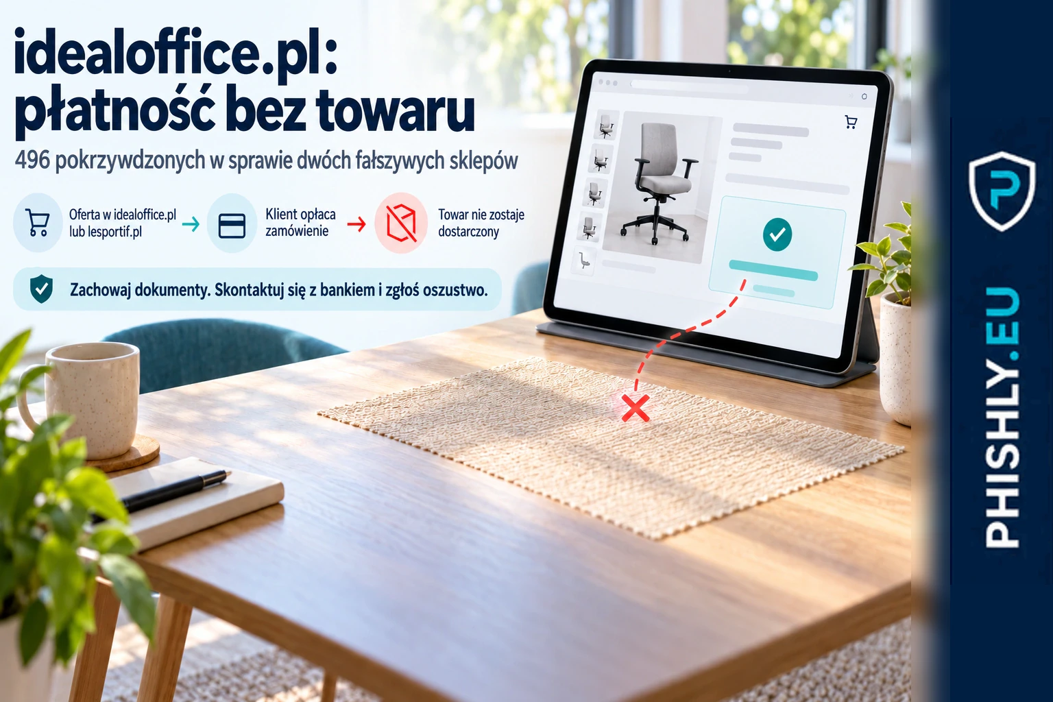 Koszyk internetowy i potwierdzenie płatności przy nazwach idealoffice.pl i lesportif.pl, bez dostarczonego towaru
