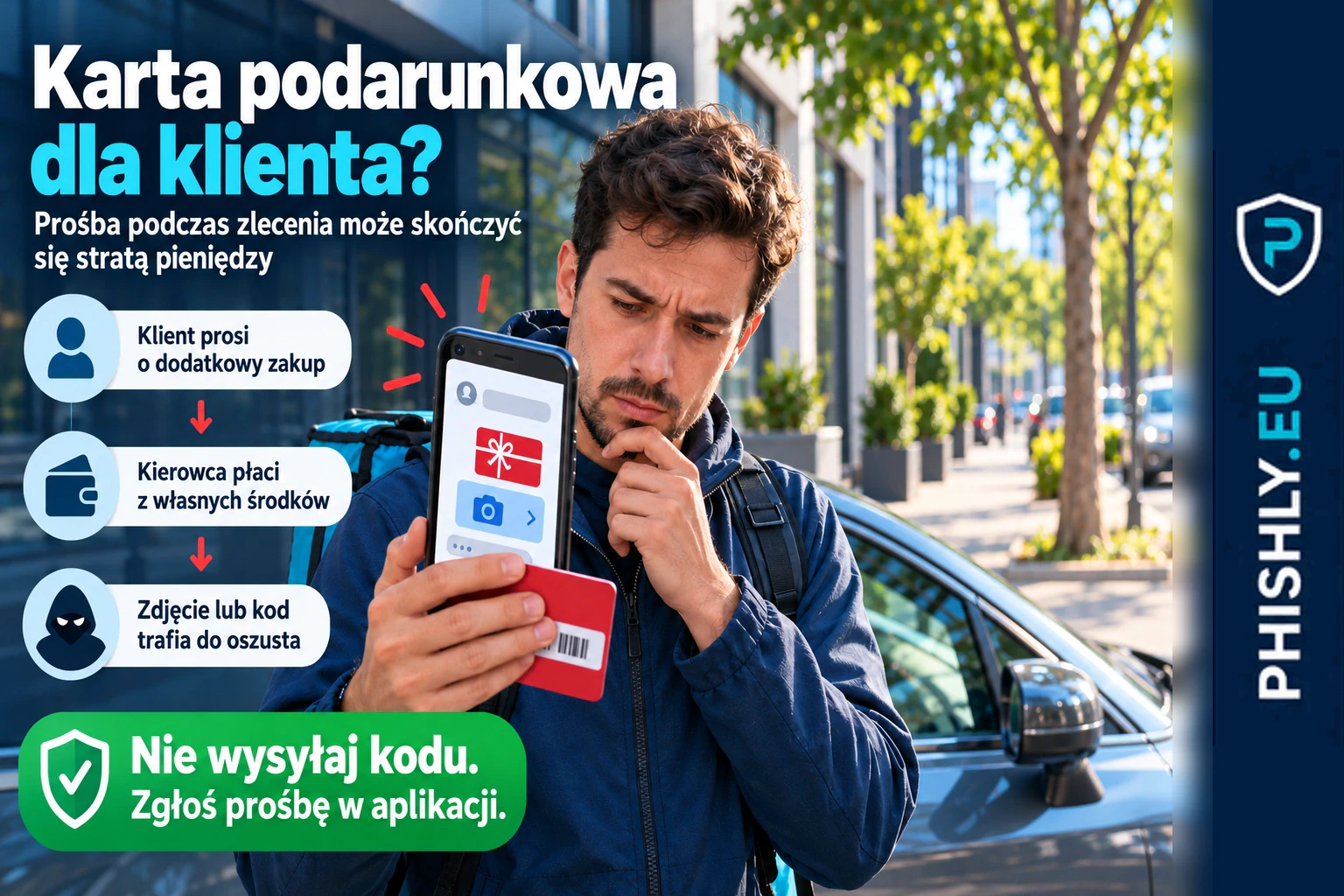 Kierowca trzyma kartę podarunkową obok telefonu z prośbą klienta o przesłanie kodu