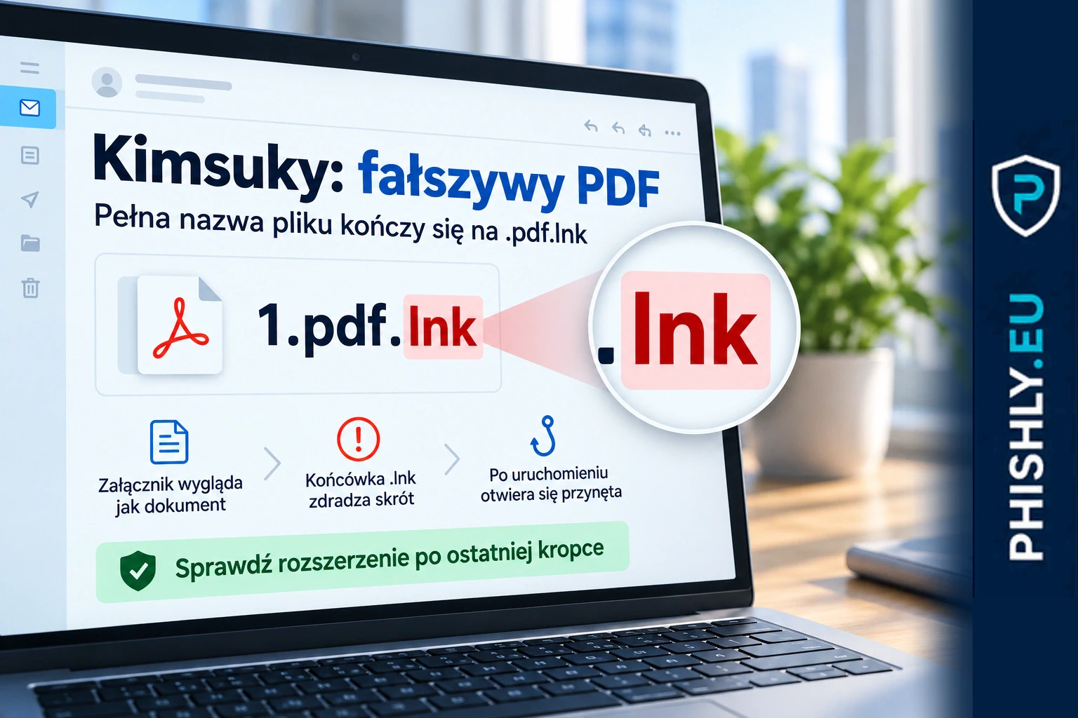 Plik udający PDF ma pełną nazwę zakończoną .pdf.lnk; prawdziwe rozszerzenie skrótu Windows jest sygnałem ostrzegawczym
