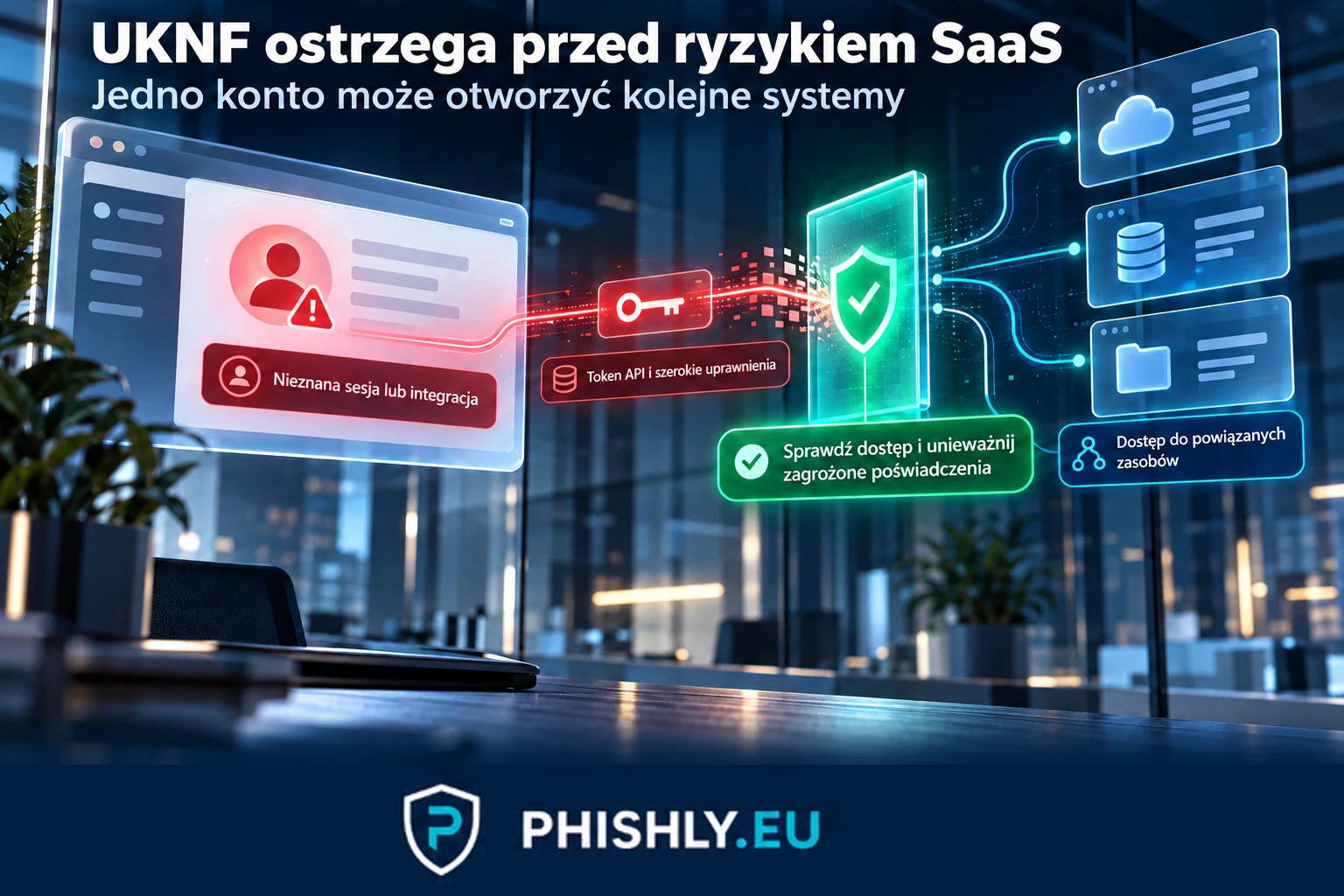 Przejęte konto usługi SaaS łączy się z kolejnymi systemami firmy, a administrator sprawdza uprawnienia i możliwość odcięcia dostępu