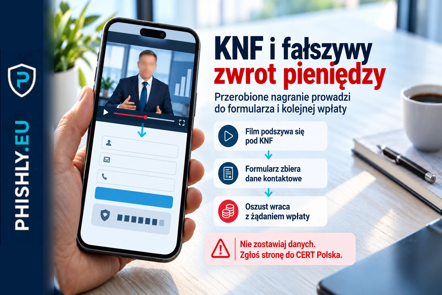 Ekran telefonu z fałszywym materiałem o zwrocie pieniędzy wykorzystującym wizerunek KNF i prowadzącym do formularza kontaktowego