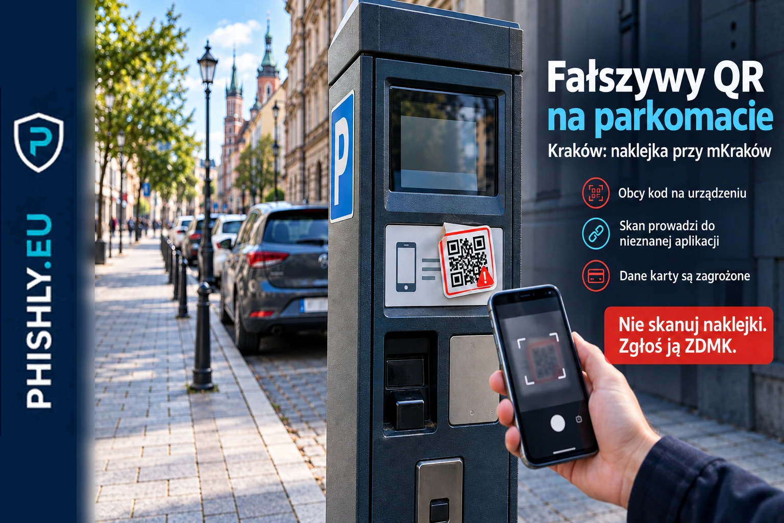 Podejrzana naklejka z kodem QR zasłania informację o aplikacji mKraków na miejskim parkomacie