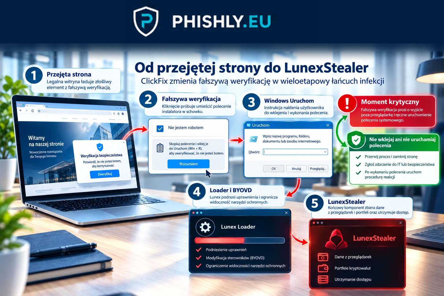 Schemat pokazujący przejętą stronę, fałszywą weryfikację, polecenie msiexec, łańcuch Lunex i bezpieczny moment przerwania ataku.
