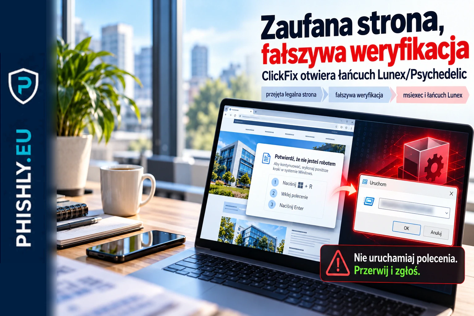Legalna strona firmy pokazuje fałszywą weryfikację, która prowadzi użytkownika do uruchomienia polecenia i łańcucha malware Lunex.