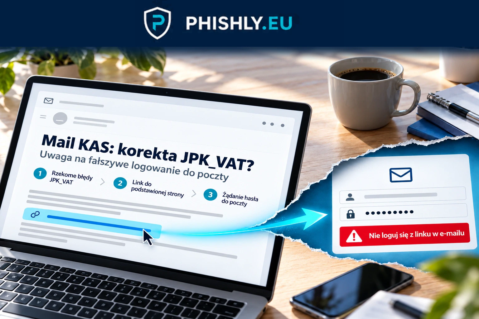 E-mail o korekcie JPK_VAT podszywa się pod KAS i kieruje użytkownika do fałszywego logowania do poczty