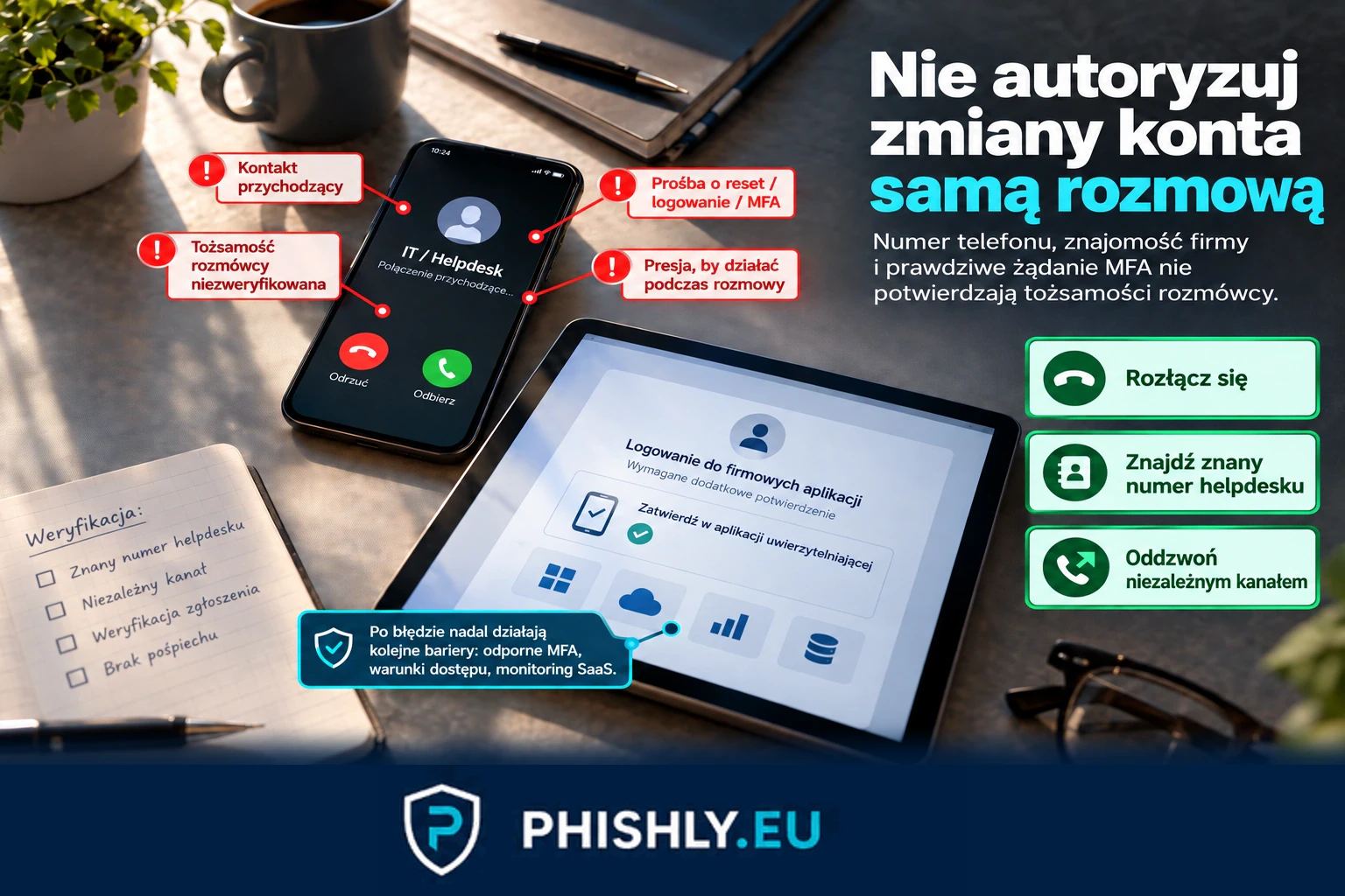 Warstwowa ochrona przed vishingiem: sześć punktów od przychodzącego telefonu przez weryfikację, tożsamość, warunki dostępu i aplikacje SaaS po detekcję pobierania danych