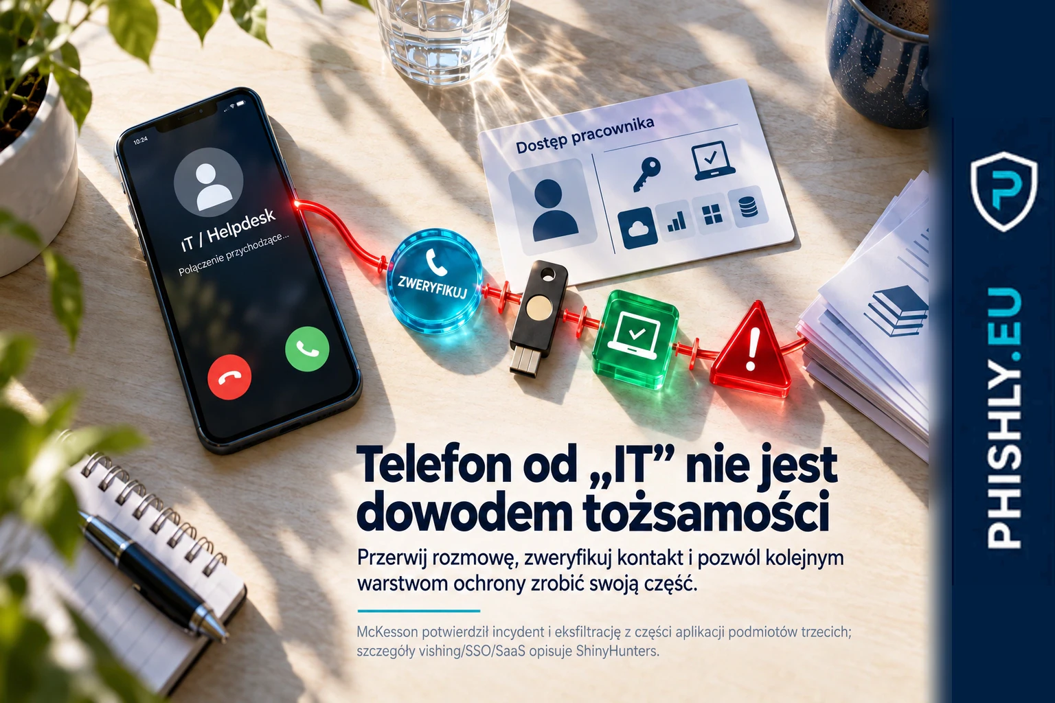 Pracownik podczas rozmowy z osobą podającą się za IT obok ekranu SSO i MFA, z zaznaczonym ryzykiem przejęcia tożsamości i dostępu do usług SaaS
