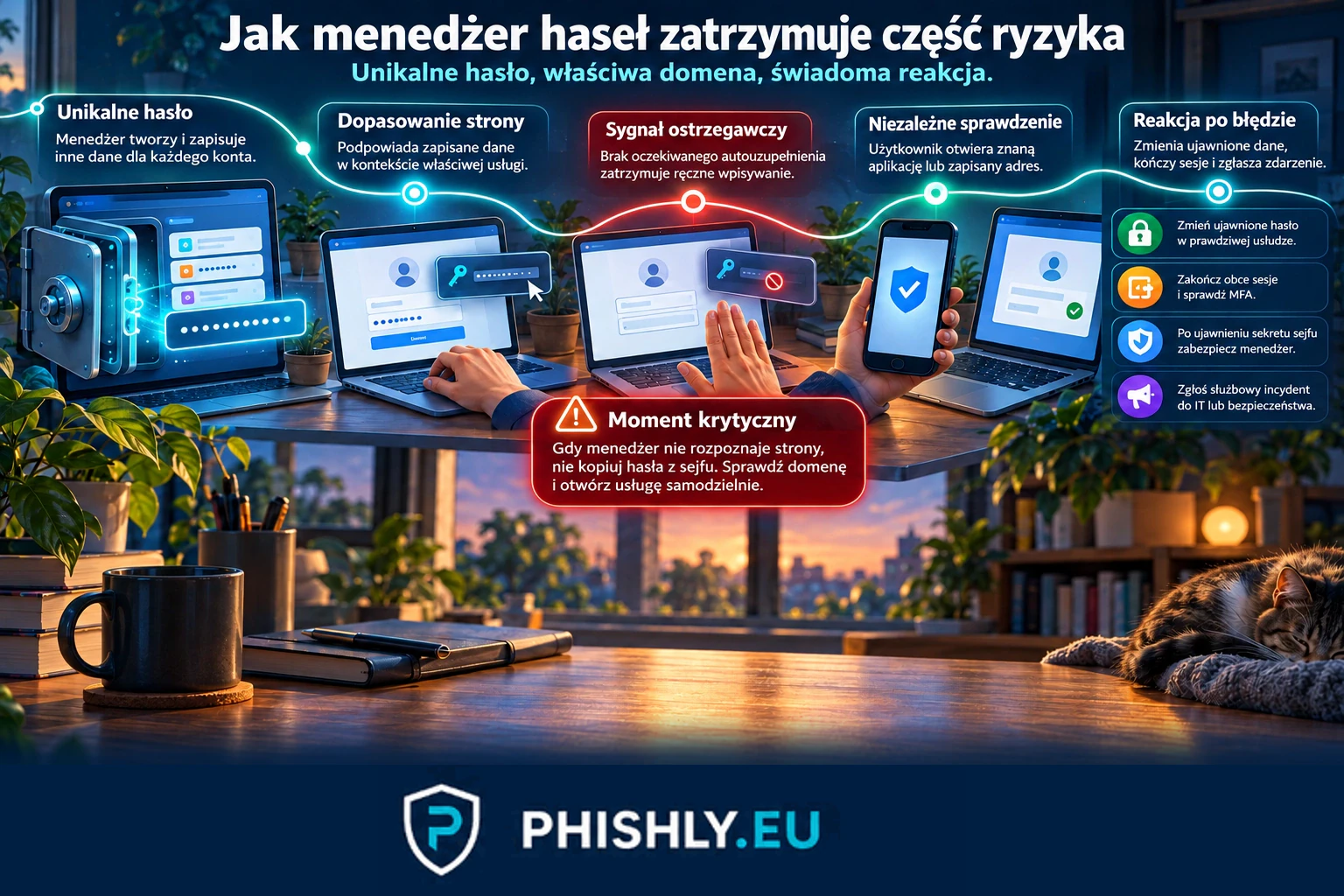 Schemat użycia menedżera haseł od utworzenia unikalnego hasła i dopasowania domeny po zatrzymanie ręcznego wpisywania danych na fałszywej stronie oraz działania po błędzie