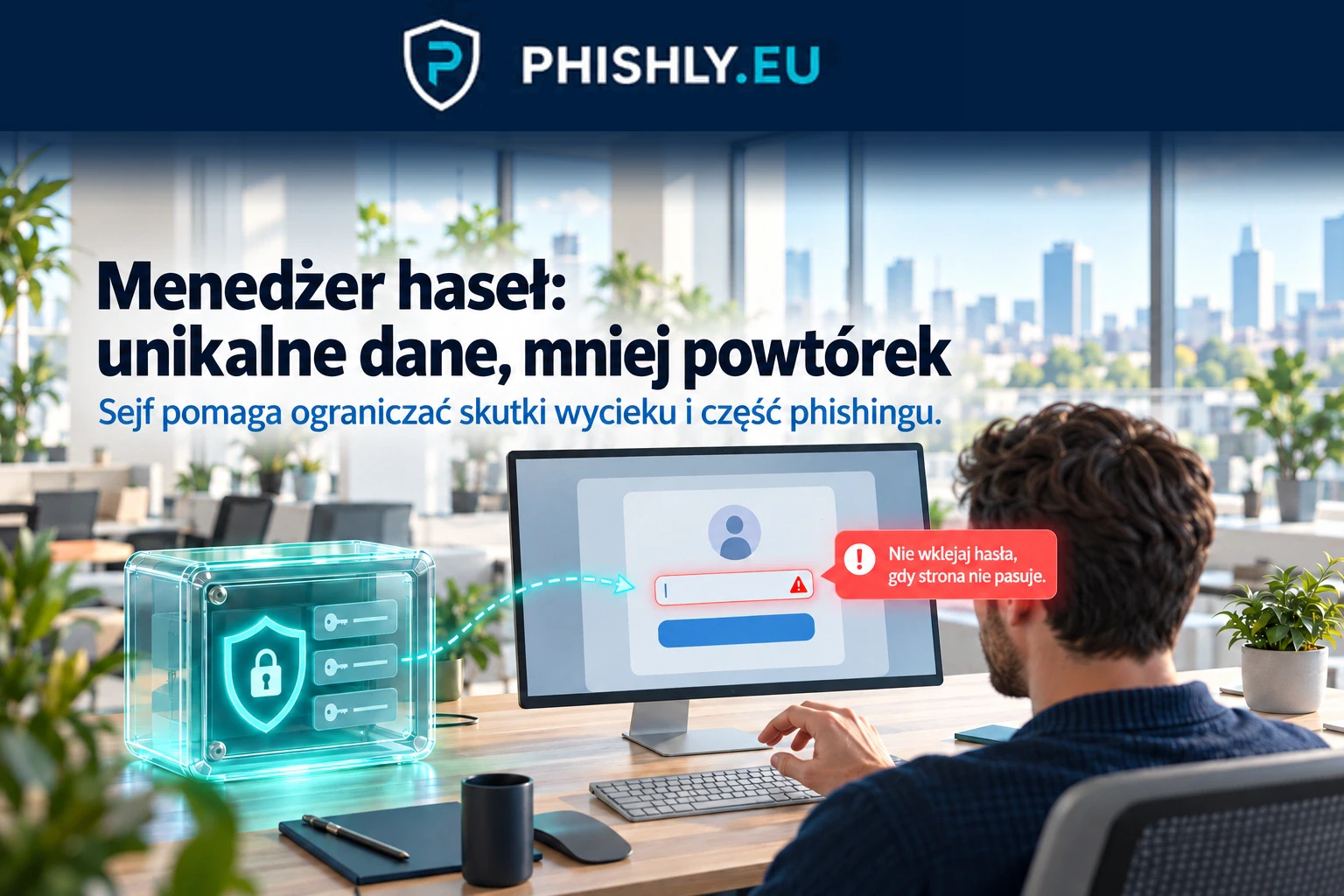Pracownik korzysta z zaszyfrowanego sejfu haseł, a brak autouzupełnienia na fałszywej stronie zatrzymuje go przed ręcznym wpisaniem danych