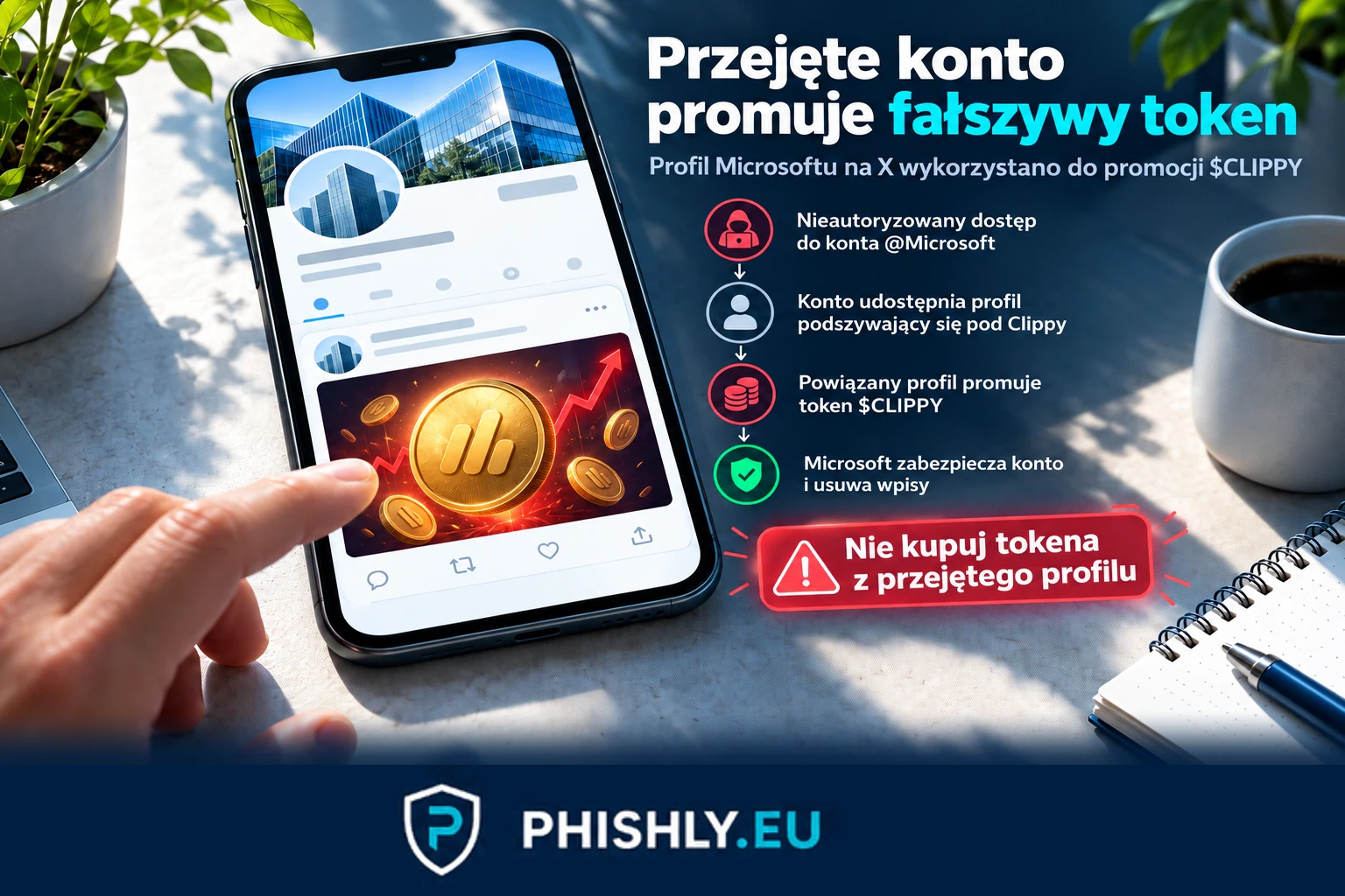Przejęty profil dużej firmy w serwisie społecznościowym promuje fałszywy token kryptowalutowy, a użytkownik zatrzymuje się przed zakupem