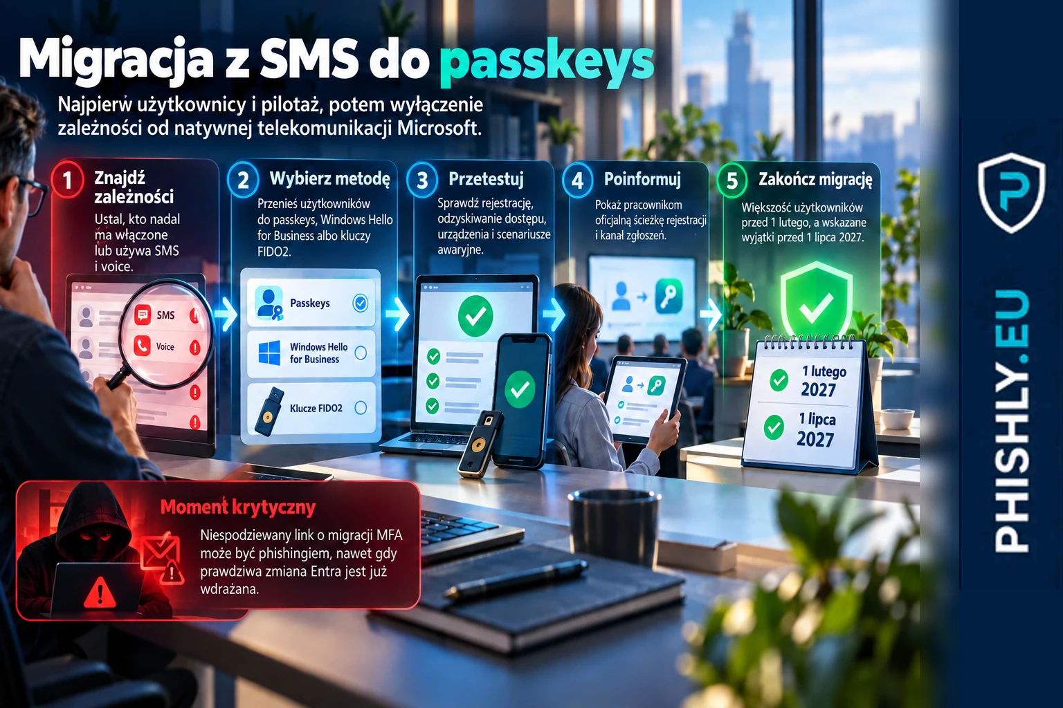Schemat migracji Microsoft Entra od użytkowników zależnych od SMS i voice przez rejestrację passkey do terminów wycofania natywnej obsługi w 2027 roku
