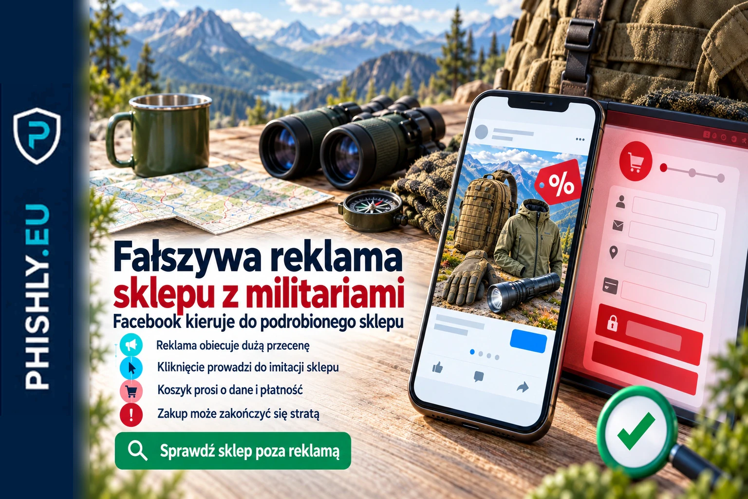 Telefon z fałszywą reklamą przeceny militariów na Facebooku i podrobioną witryną zakupową obok, z widocznym sygnałem sprawdzenia adresu sklepu