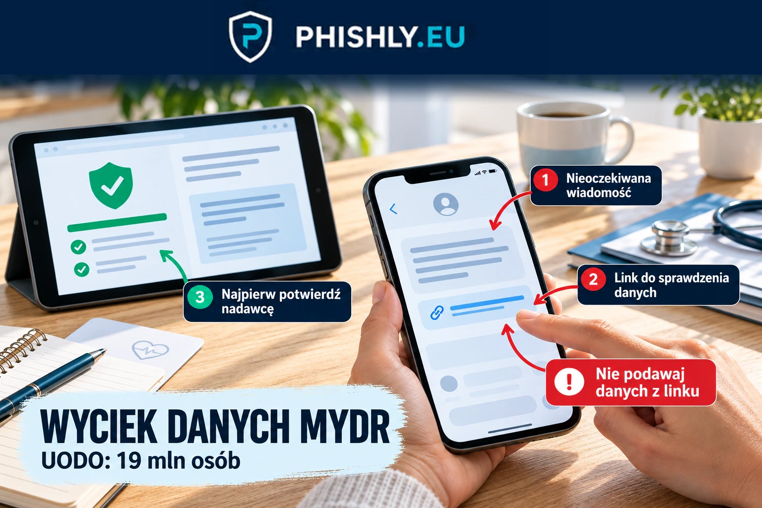 Pacjent porównuje nieoczekiwaną wiadomość o wycieku MyDr z samodzielnie otwartą informacją placówki, nie wpisując danych do podejrzanego formularza