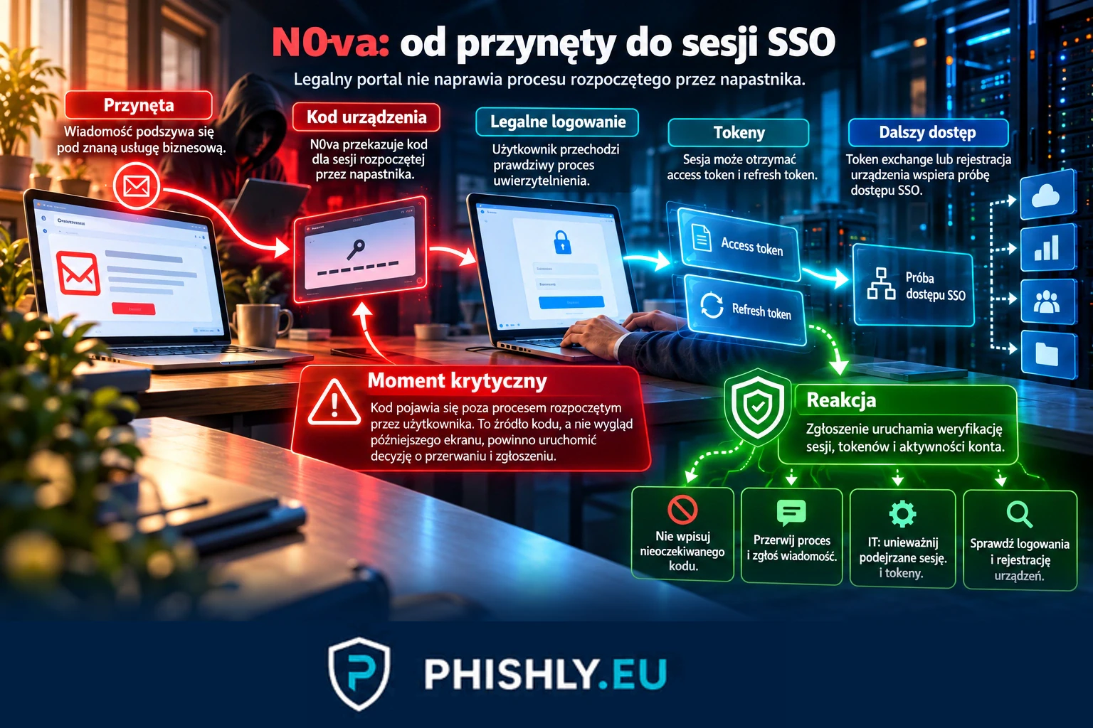 Schemat N0va: przynęta biznesowa, kod urządzenia, legalne logowanie Microsoft, wydanie tokenów i próba uzyskania dostępu SSO