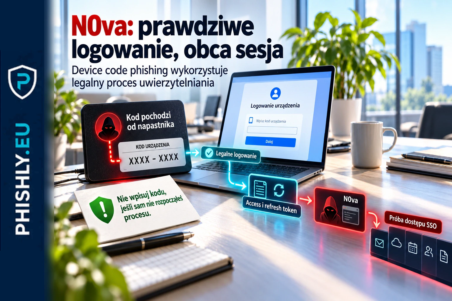 Kod urządzenia prowadzący do legalnego logowania, podczas gdy N0va przejmuje tokeny i dostęp do firmowej sesji SSO