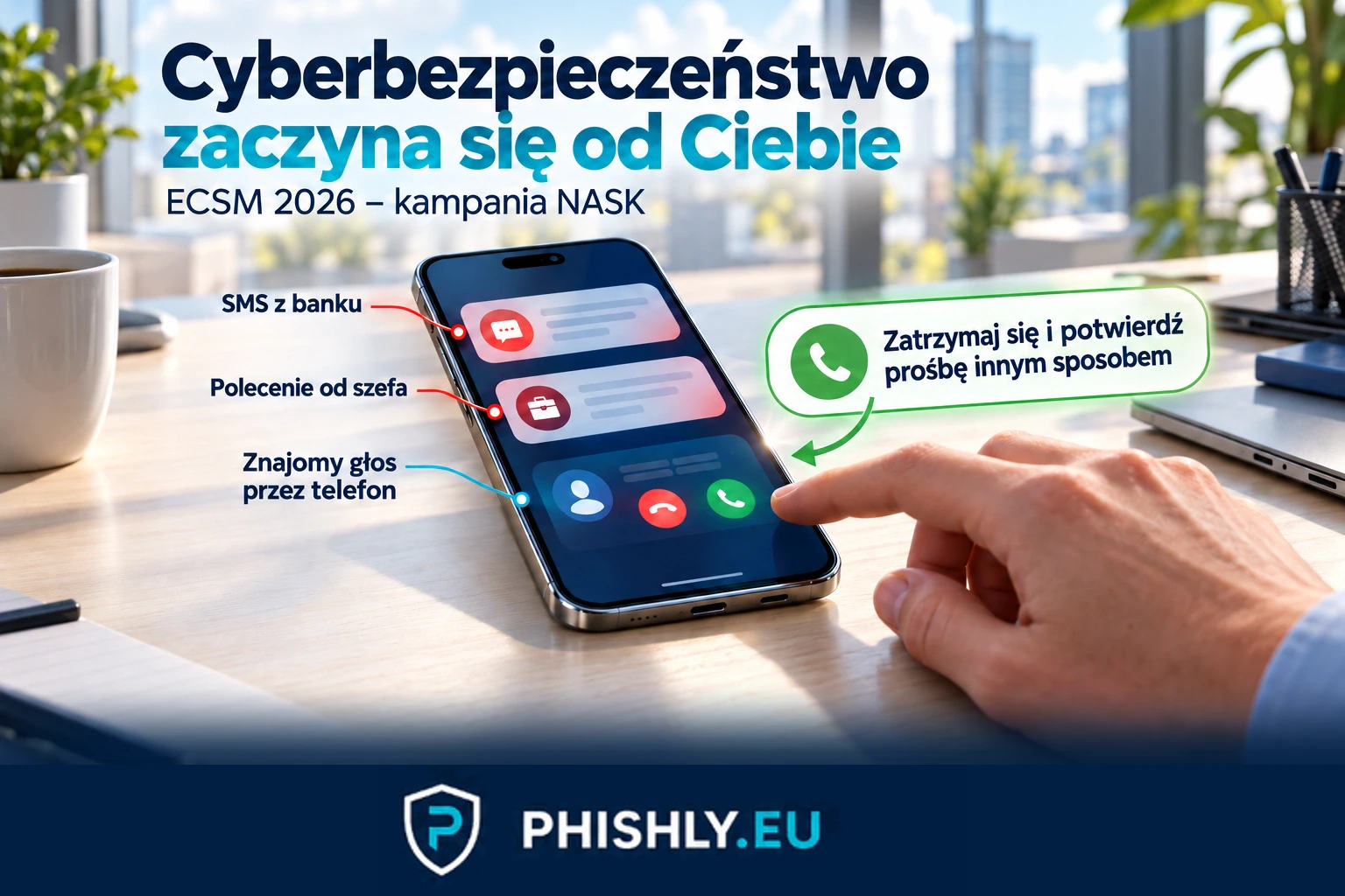 Telefon z podejrzanym SMS-em bankowym obok wiadomości od przełożonego i symbolu rozmowy z bliską osobą