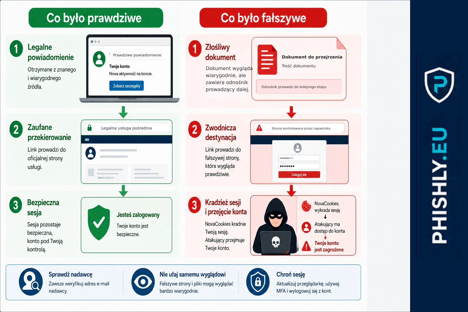 Infografika NovaCookies: prawdziwe powiadomienie i legalne przekierowanie prowadzą do fałszywej treści oraz ryzyka przejęcia sesji Microsoft 365