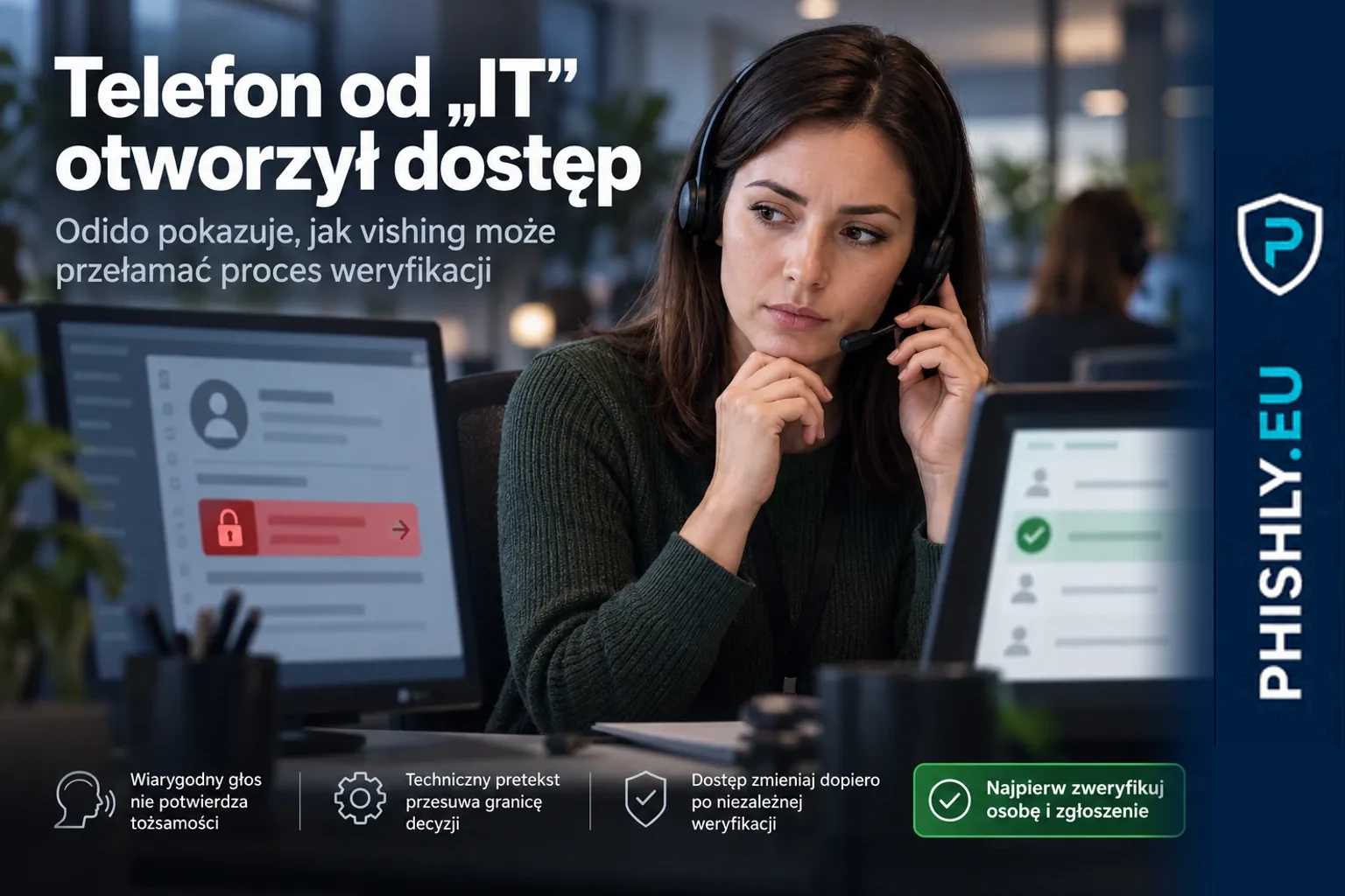 Pracownik obsługi klienta weryfikuje telefon od osoby podającej się za wewnętrzny dział IT, zanim dopuści zmianę dostępu do systemu