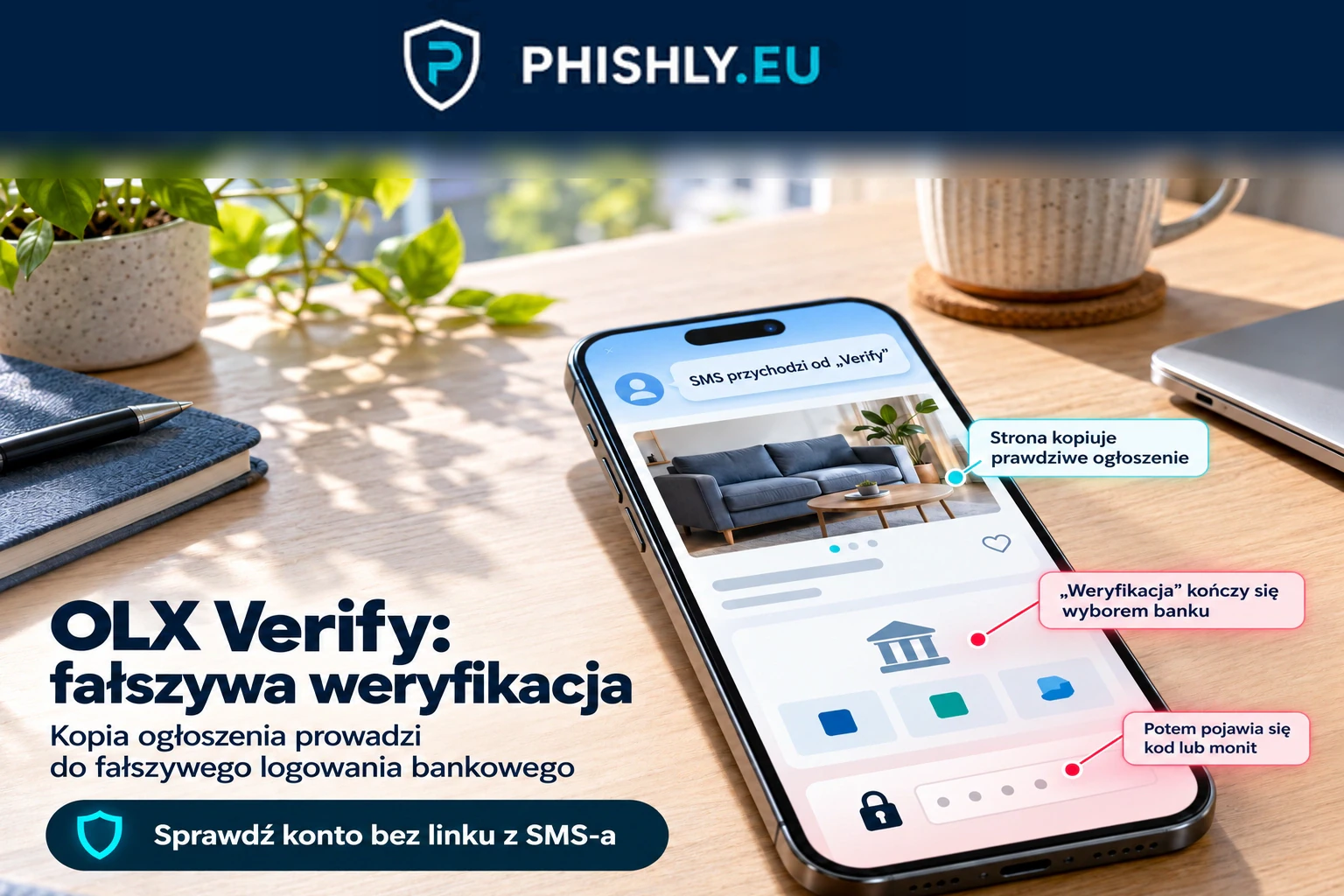 Telefon z SMS-em od „Verify” prowadzącym przez kopię ogłoszenia OLX do fałszywego logowania bankowego