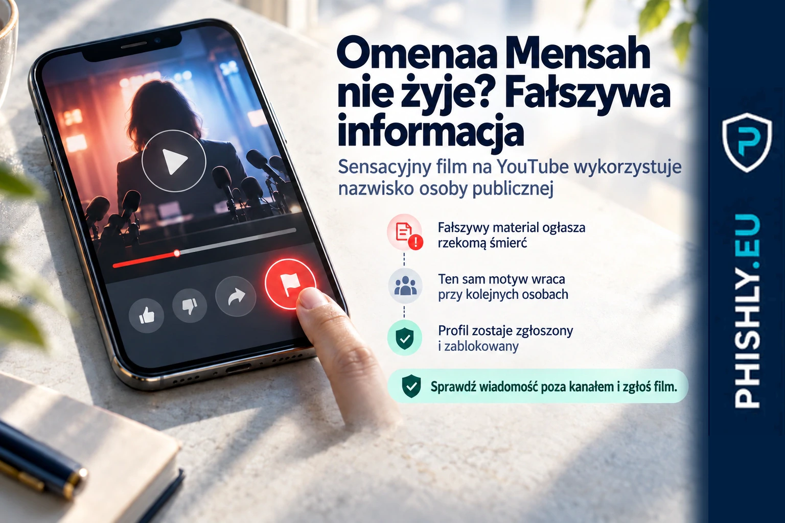 Telefon z sensacyjnym fałszywym filmem o rzekomej śmierci osoby publicznej oraz widoczną opcją zgłoszenia materiału
