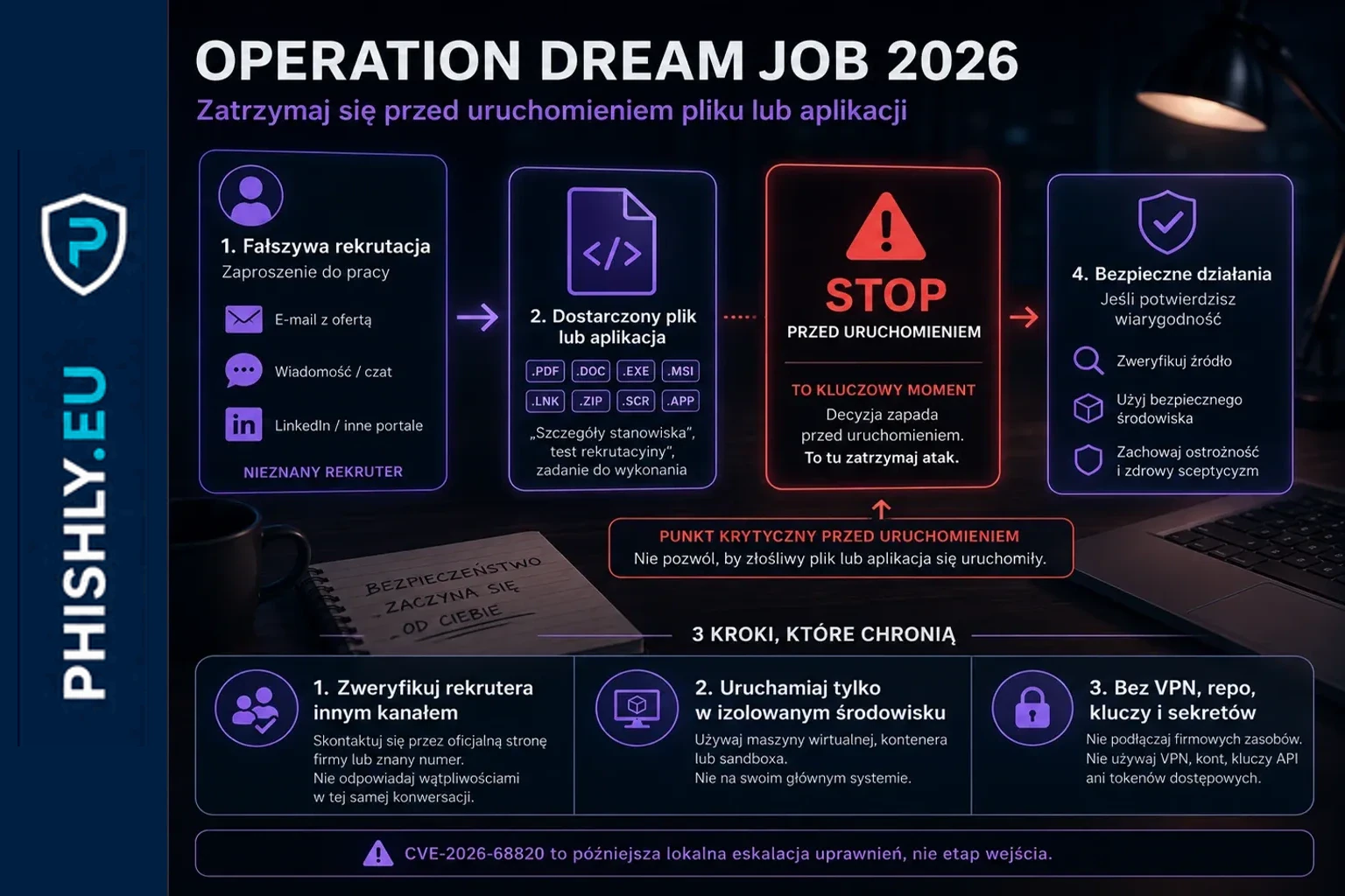 Infografika Operation Dream Job 2026: fałszywa rekrutacja, dostarczony plik lub aplikacja, moment STOP przed uruchomieniem oraz bezpieczne działania w izolowanym środowisku
