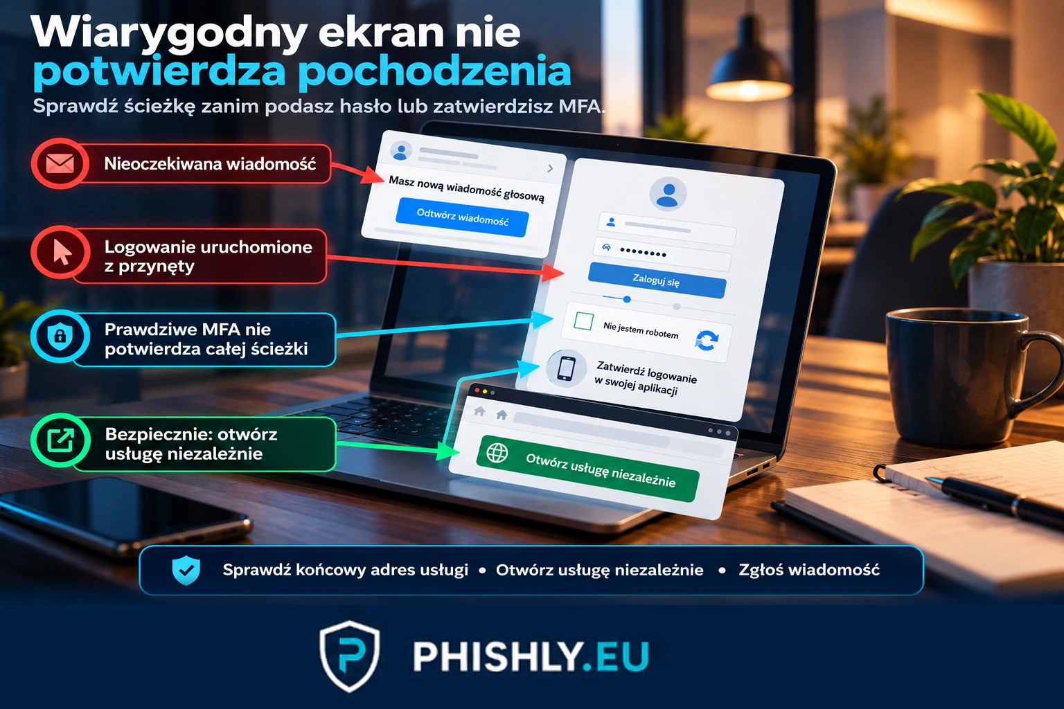 Schemat od nieoczekiwanej wiadomości przez kontrolowany przez napastnika proces logowania do momentu przejęcia sesji oraz bezpiecznego przerwania przed uwierzytelnieniem