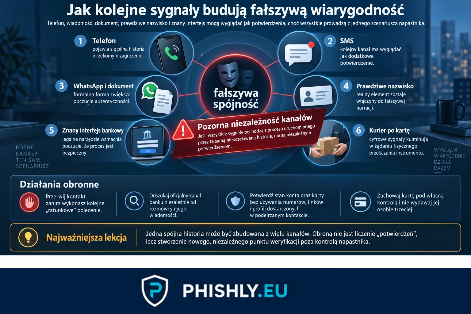 Schemat pokazujący, jak telefon, SMS, WhatsApp, prawdziwa aplikacja bankowa i kurier tworzą wielokanałowy scenariusz prowadzący do przekazania zdezaktywowanej karty