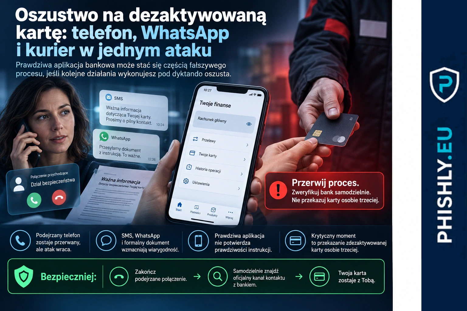 Telefon, komunikator i karta płatnicza ilustrujące wielokanałowe oszustwo prowadzące do przekazania zdezaktywowanej karty osobie podającej się za kuriera