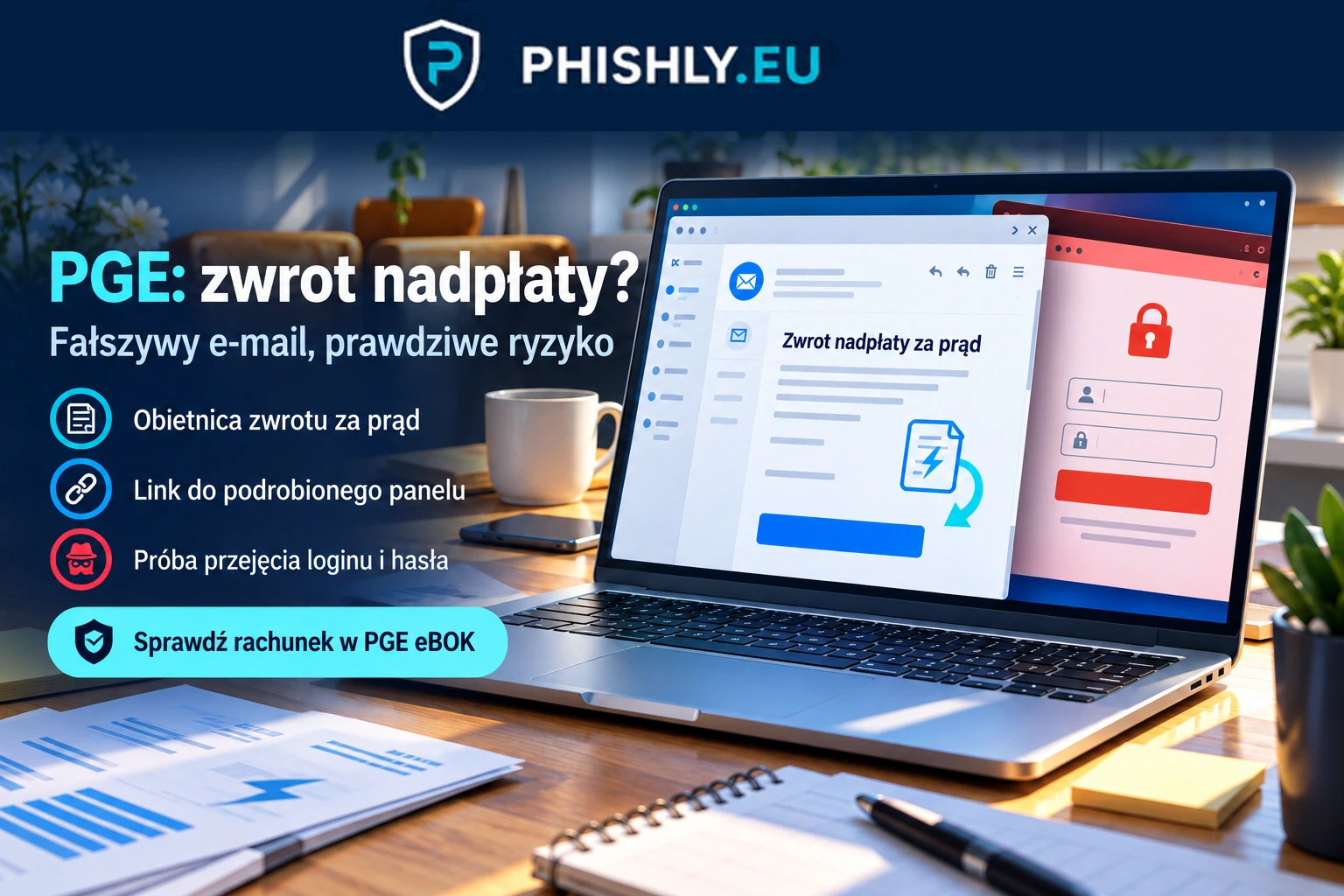 E-mail o rzekomej nadpłacie PGE obok fałszywego panelu logowania, z widoczną decyzją o przerwaniu logowania